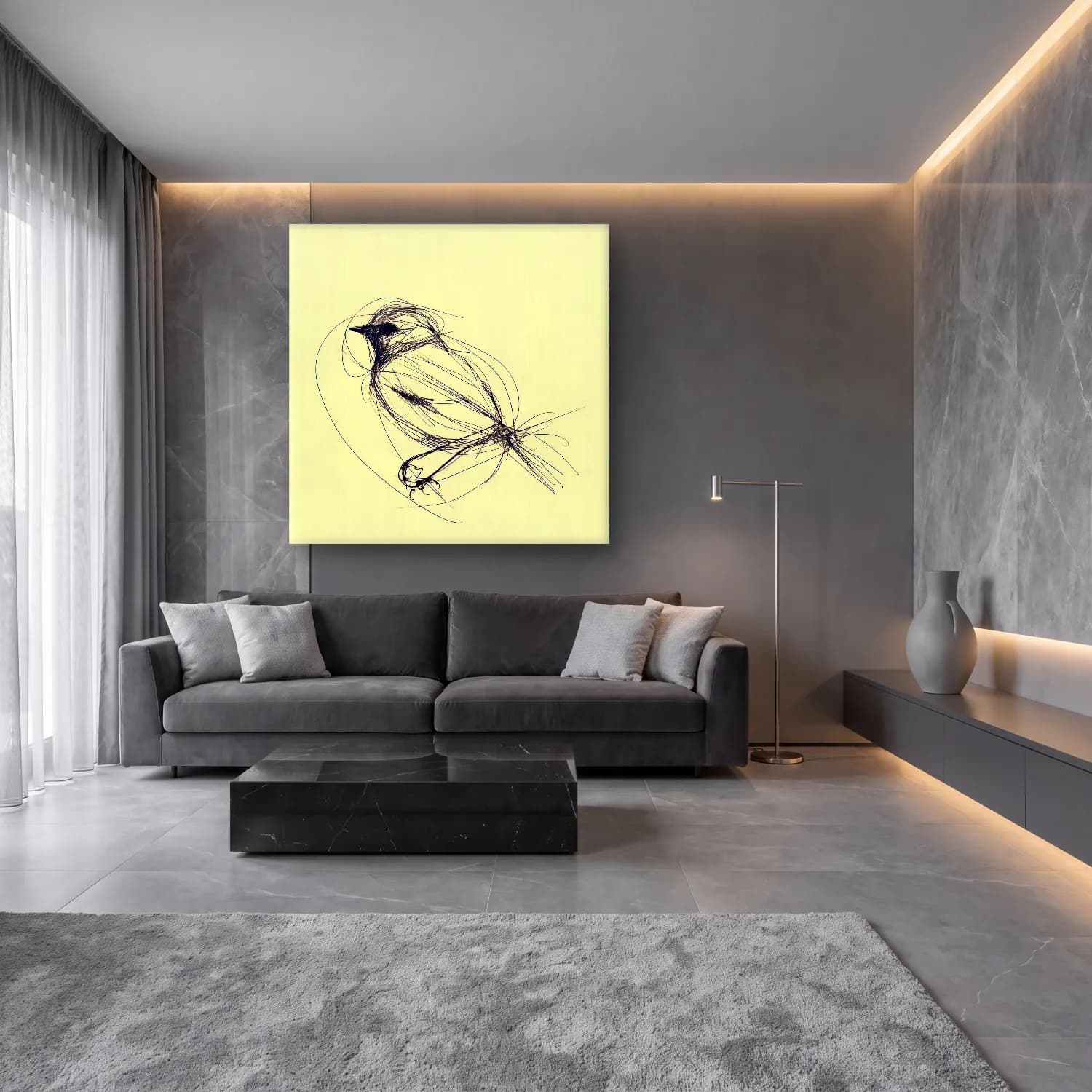 Çizgi Sanatı Daldaki Kuş cam tablo — lüks salon duvarında