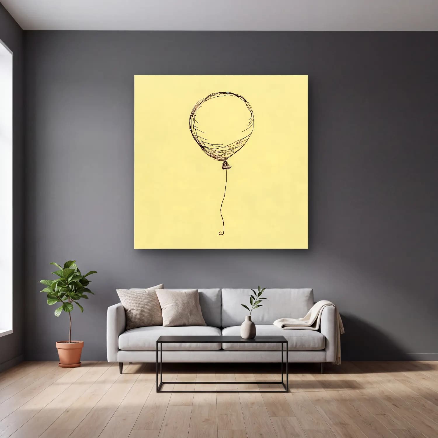Çizgi Sanatı Sıcak Hava Balonu cam tablo — gri duvarlı salonda