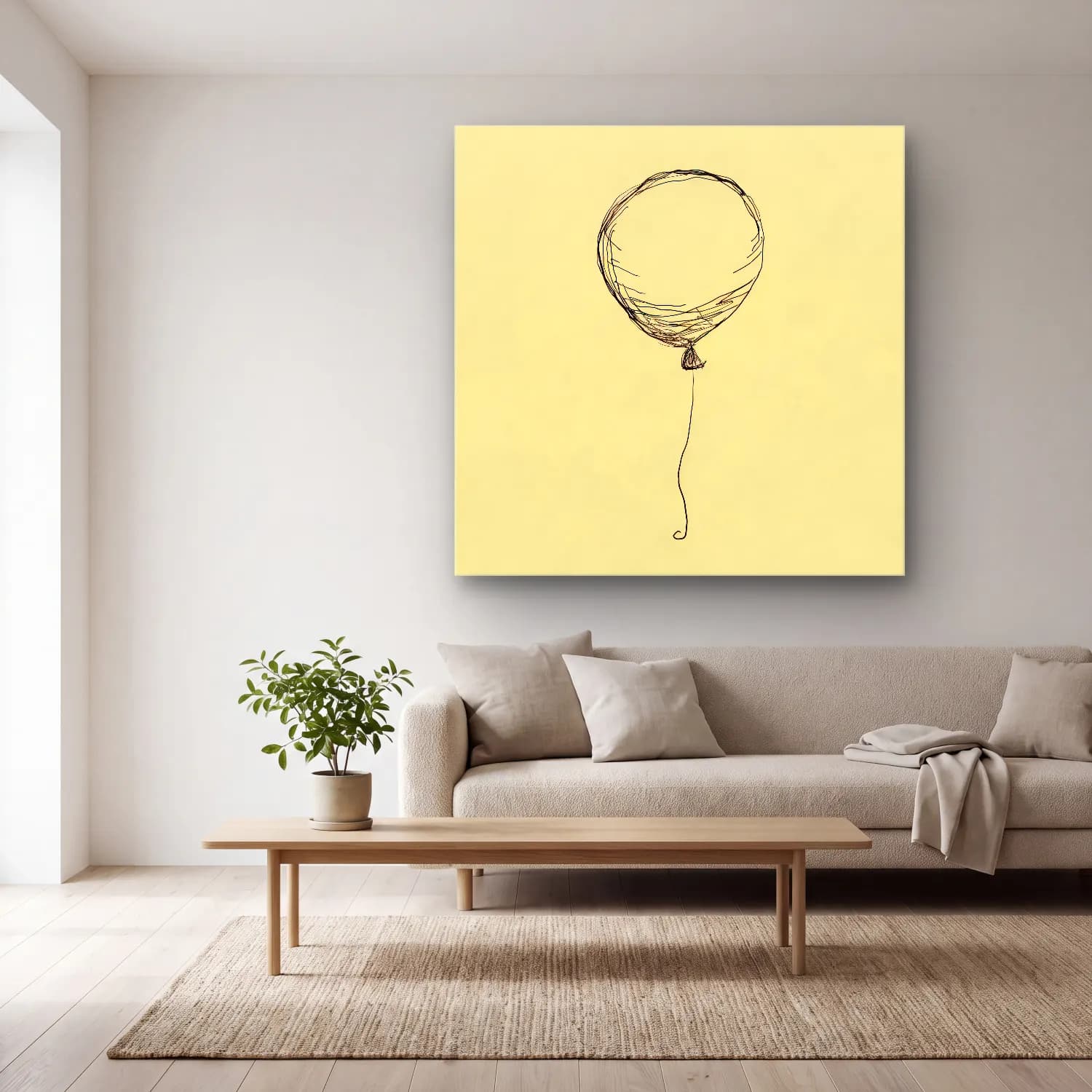 Çizgi Sanatı Sıcak Hava Balonu cam tablo — açık renk salonda