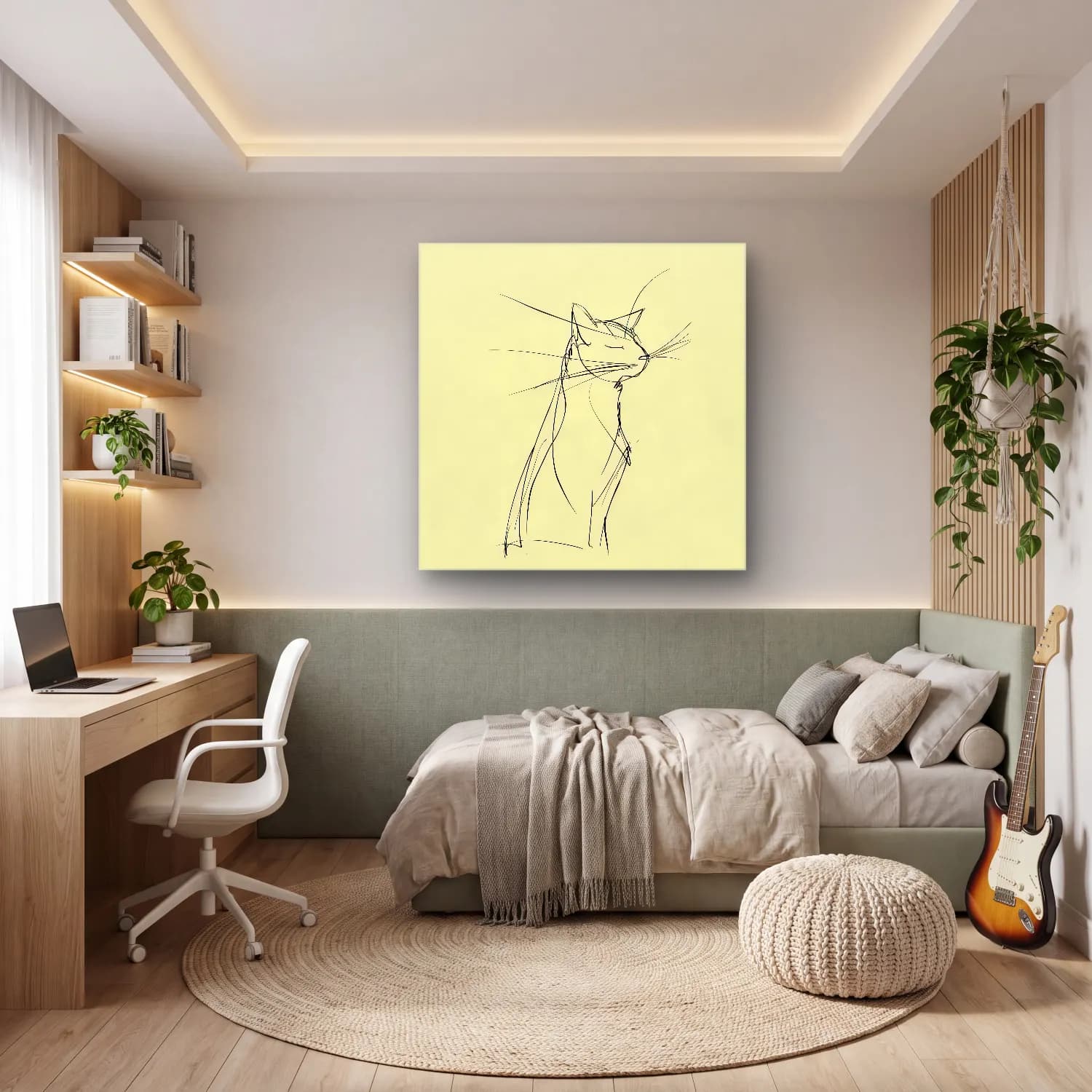 Çizgi Sanatı Kedi cam tablo — genç odasında