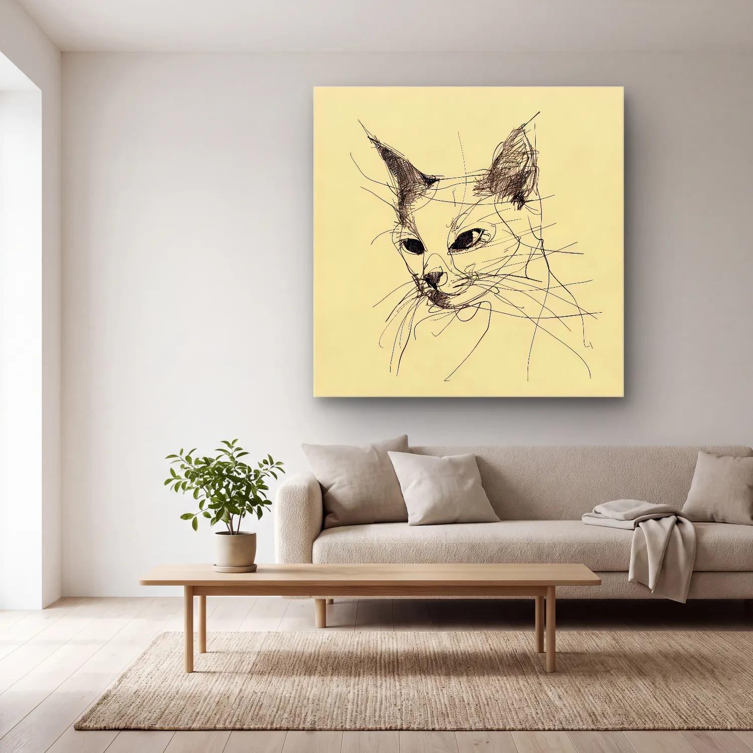 Çizgi Sanatı Kedi – Siyah Beyaz Tonlar cam tablo — açık renk salonda