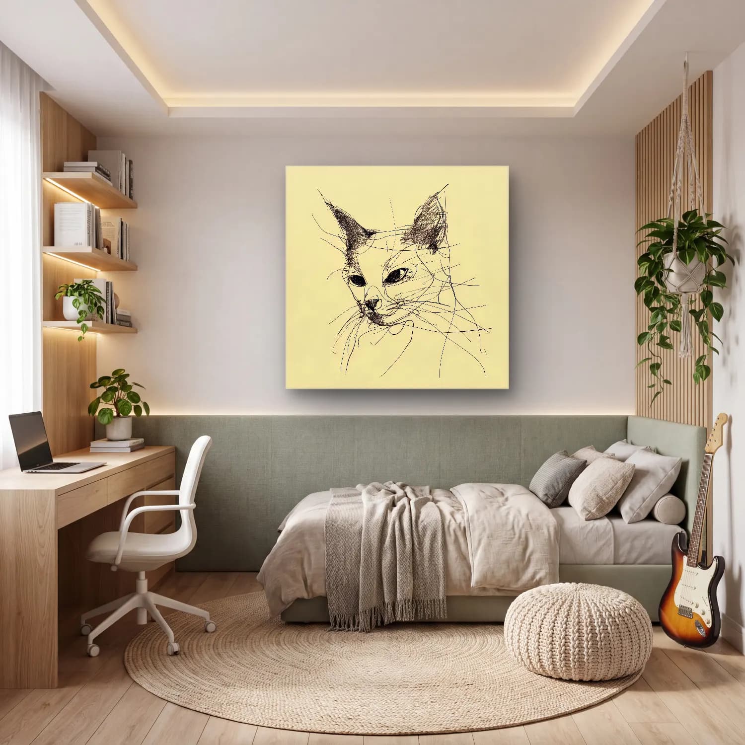 Çizgi Sanatı Kedi – Siyah Beyaz Tonlar cam tablo — genç odasında