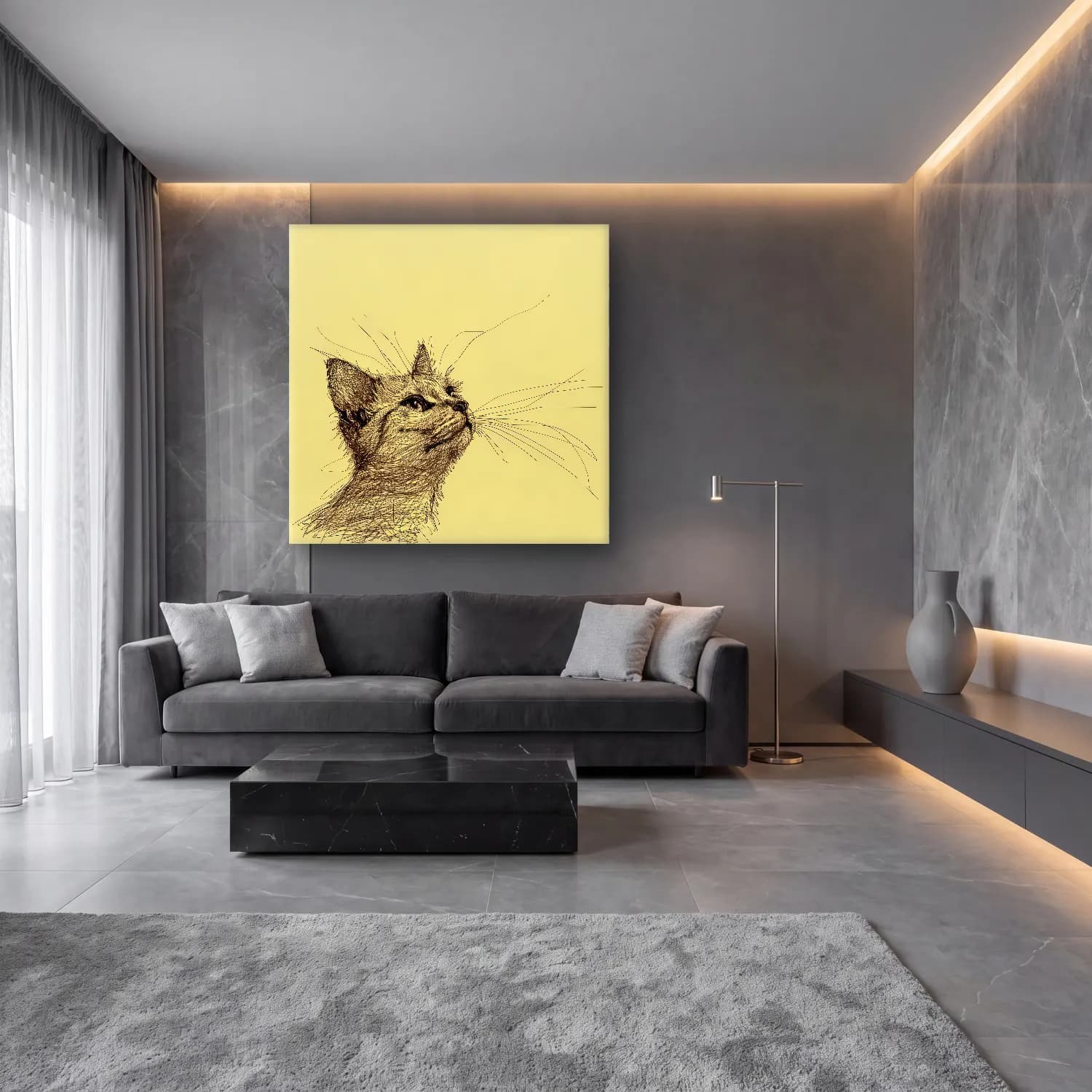 Çizgi Sanatı Kedi – Bej Tonlar cam tablo — lüks salon duvarında