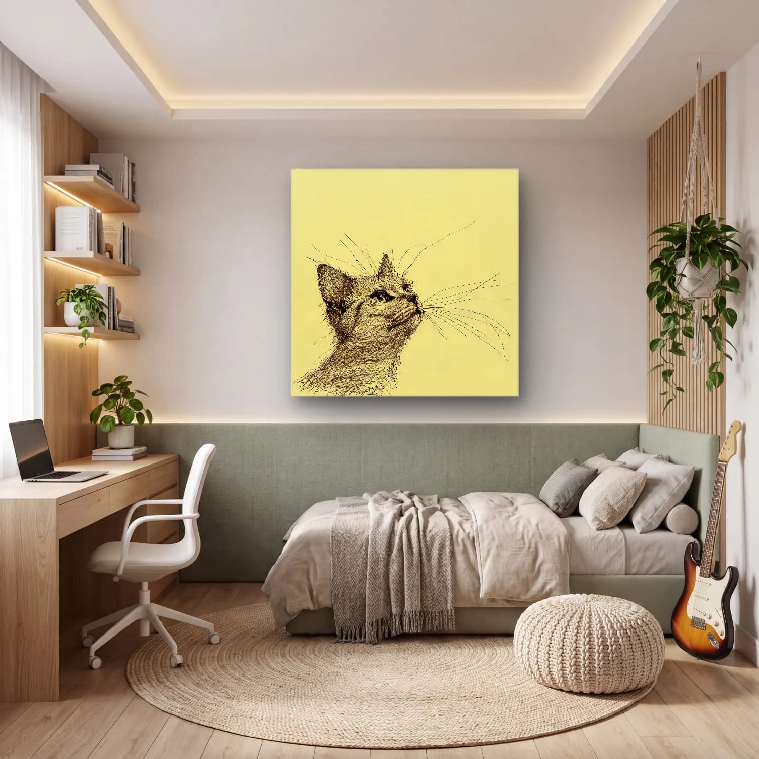 Çizgi Sanatı Kedi – Bej Tonlar cam tablo — genç odasında