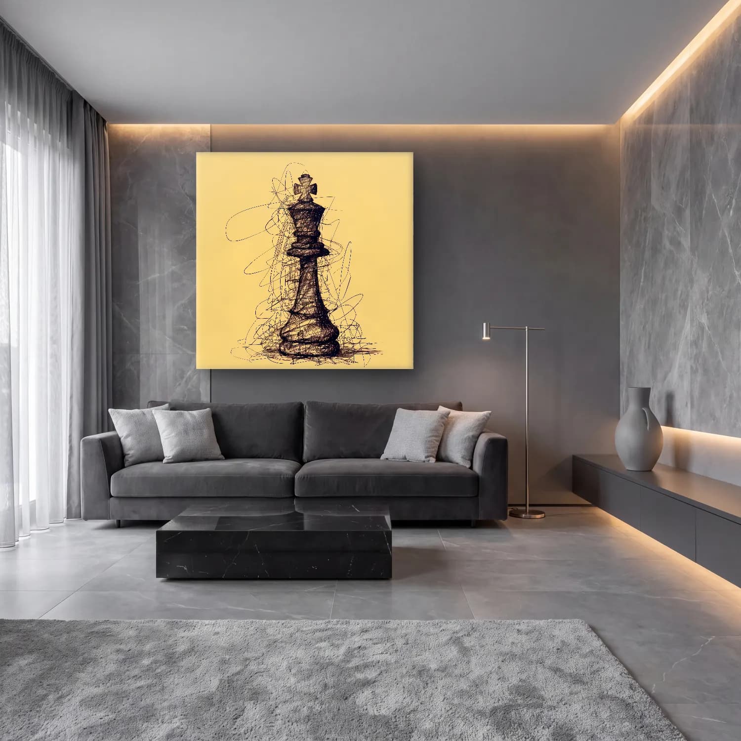 Karakalem Şövalye cam tablo — lüks salon duvarında