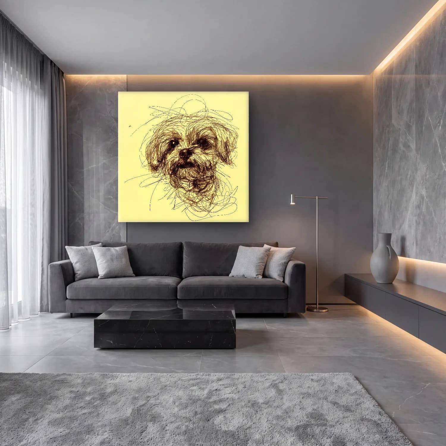 Çizgi Sanatı Köpek cam tablo — lüks salon duvarında