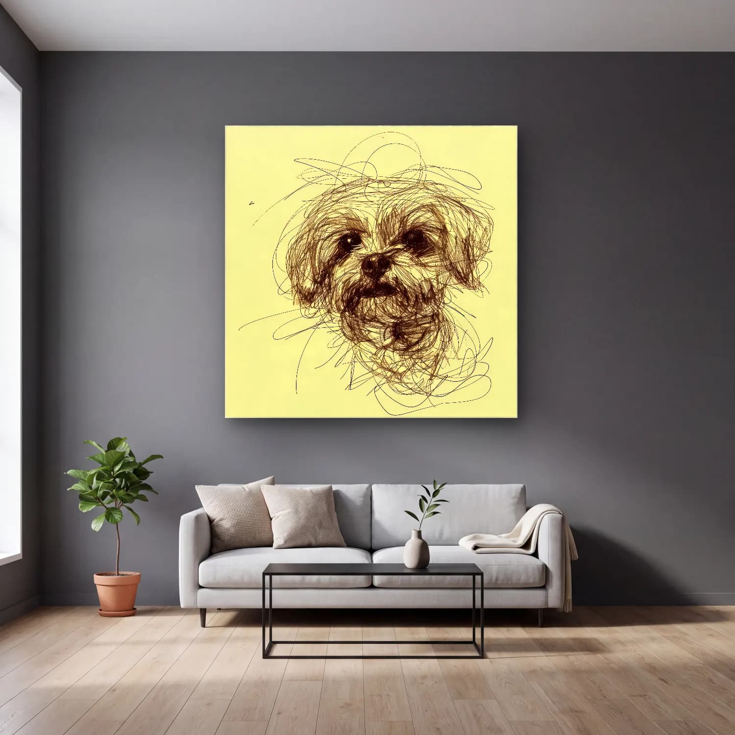 Çizgi Sanatı Köpek cam tablo — gri duvarlı salonda
