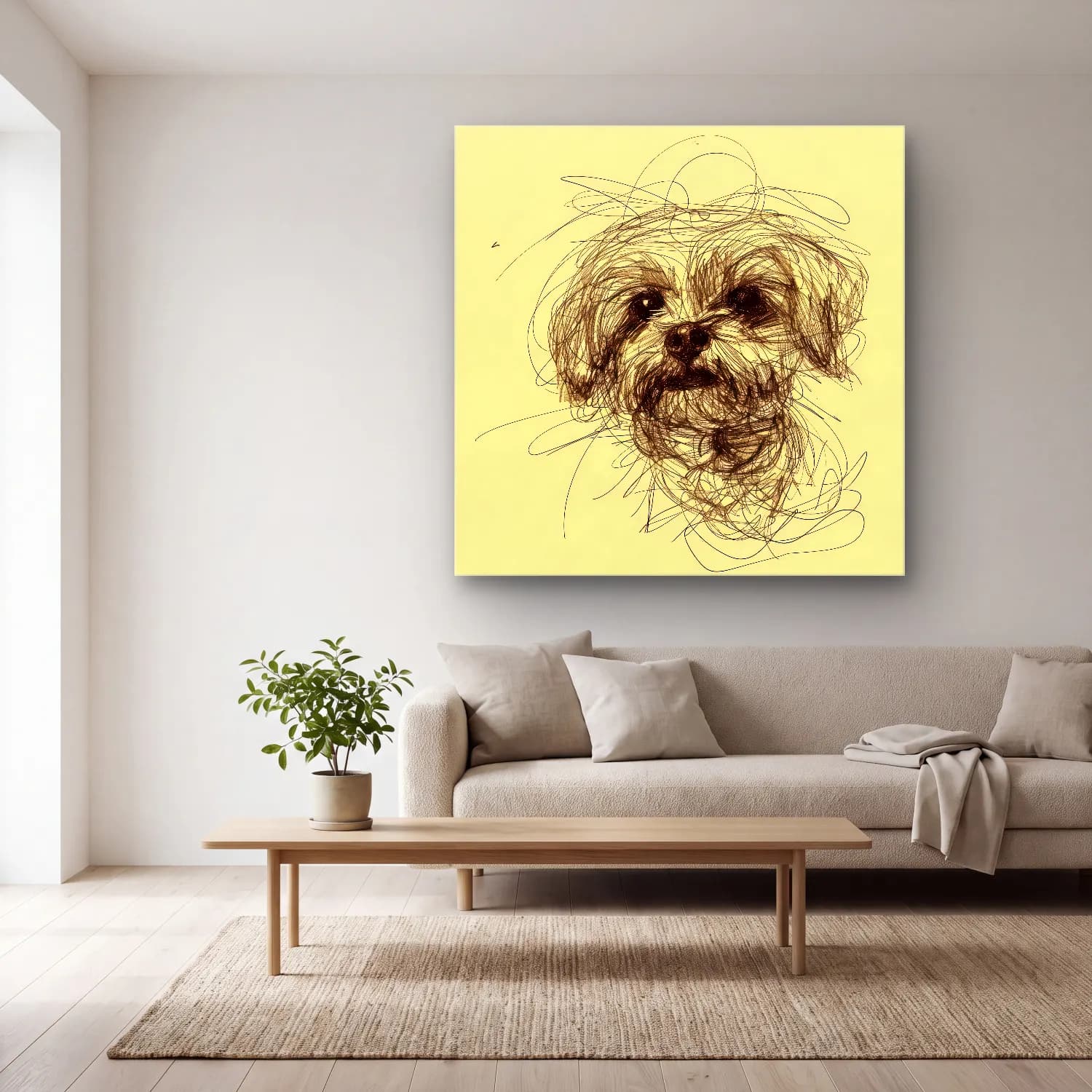 Çizgi Sanatı Köpek cam tablo — açık renk salonda