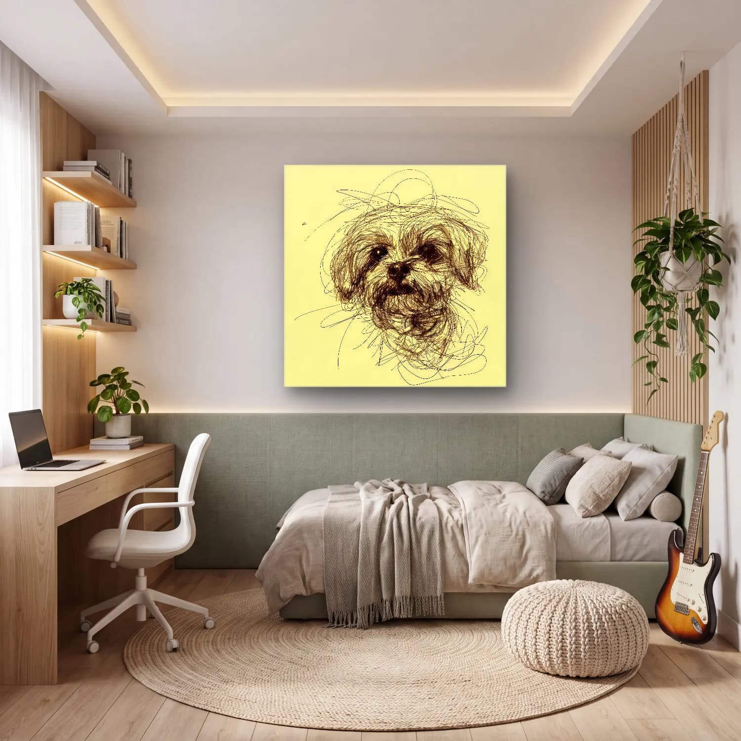 Çizgi Sanatı Köpek cam tablo — genç odasında