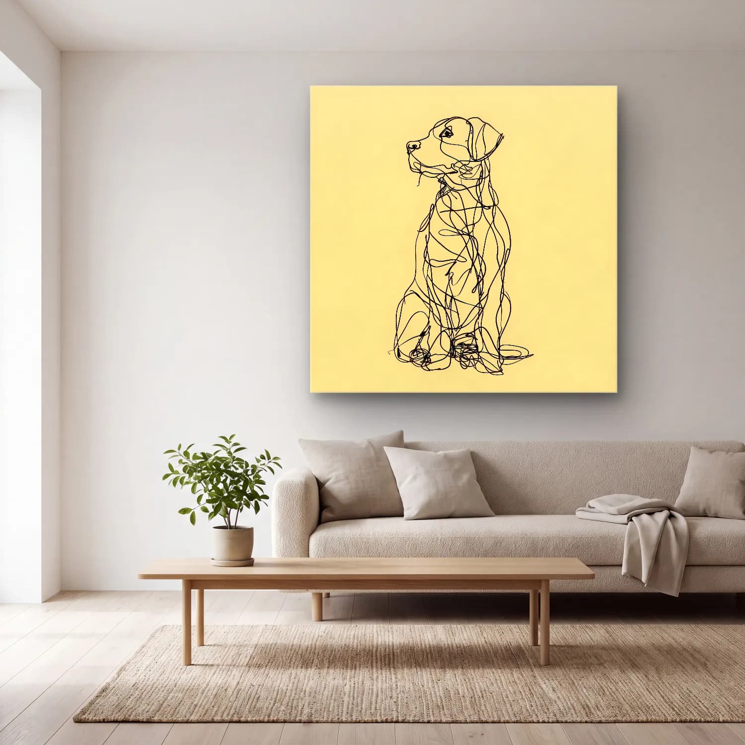Çizgi Sanatı Köpek – Siyah Beyaz Tonlar cam tablo — açık renk salonda