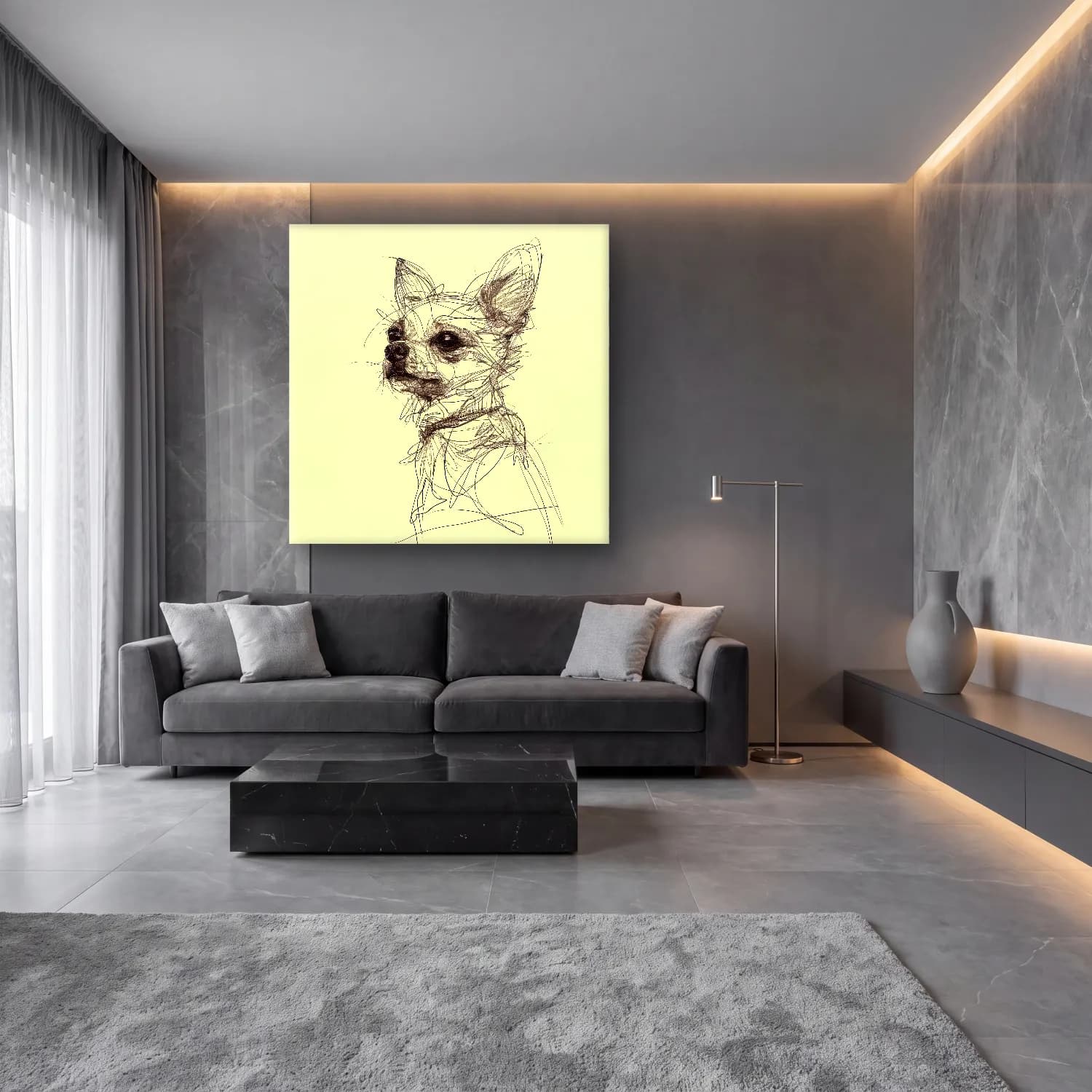 Karakalem Köpek cam tablo — lüks salon duvarında