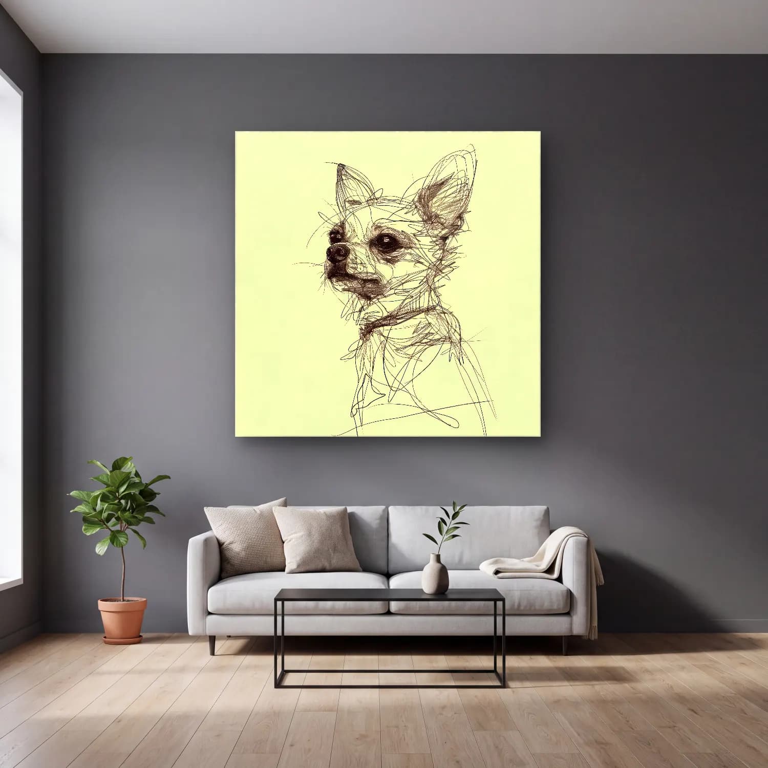 Karakalem Köpek cam tablo — gri duvarlı salonda