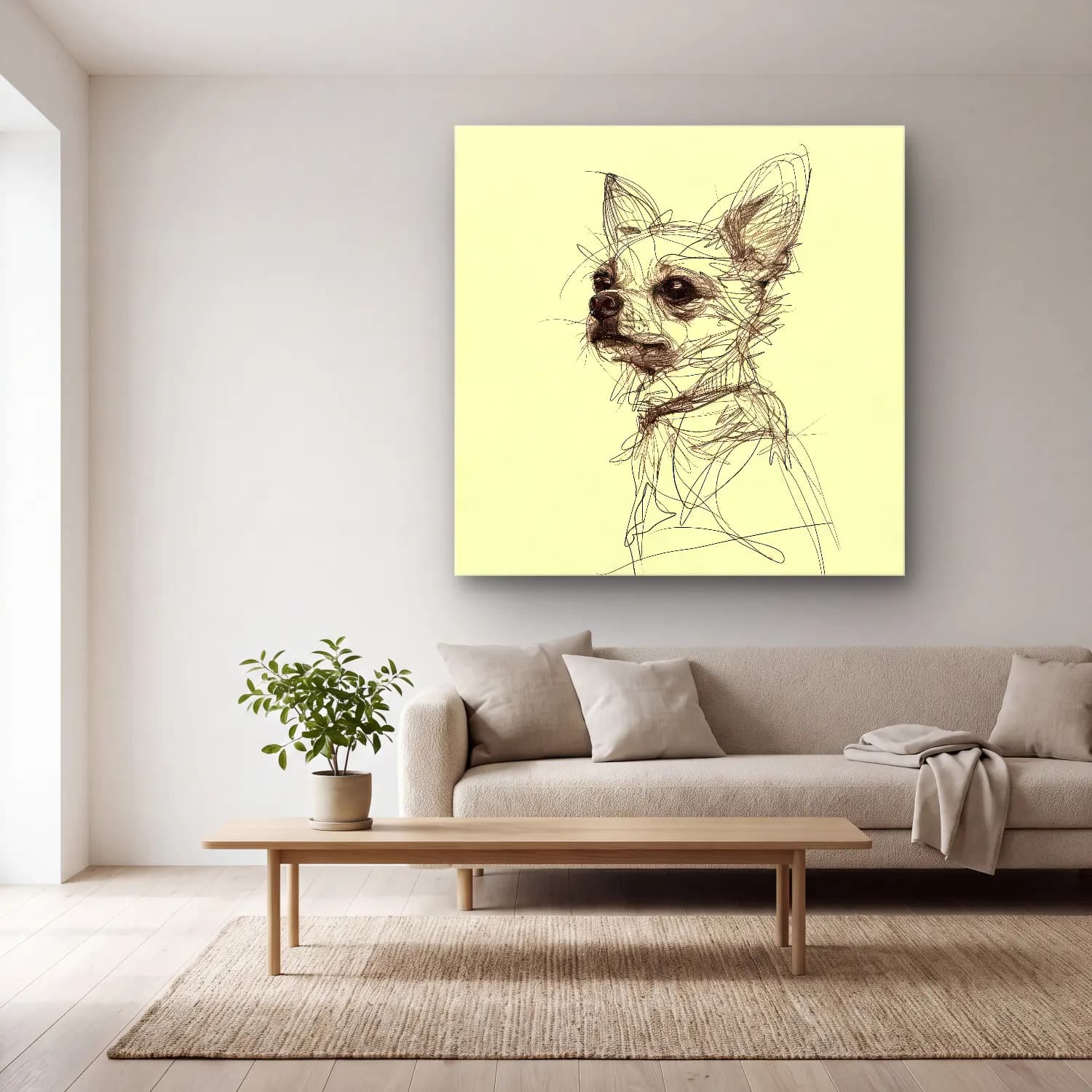 Karakalem Köpek cam tablo — açık renk salonda