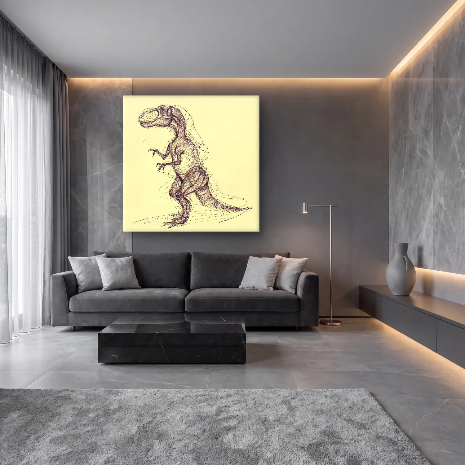 Karakalem Dinozor cam tablo — lüks salon duvarında