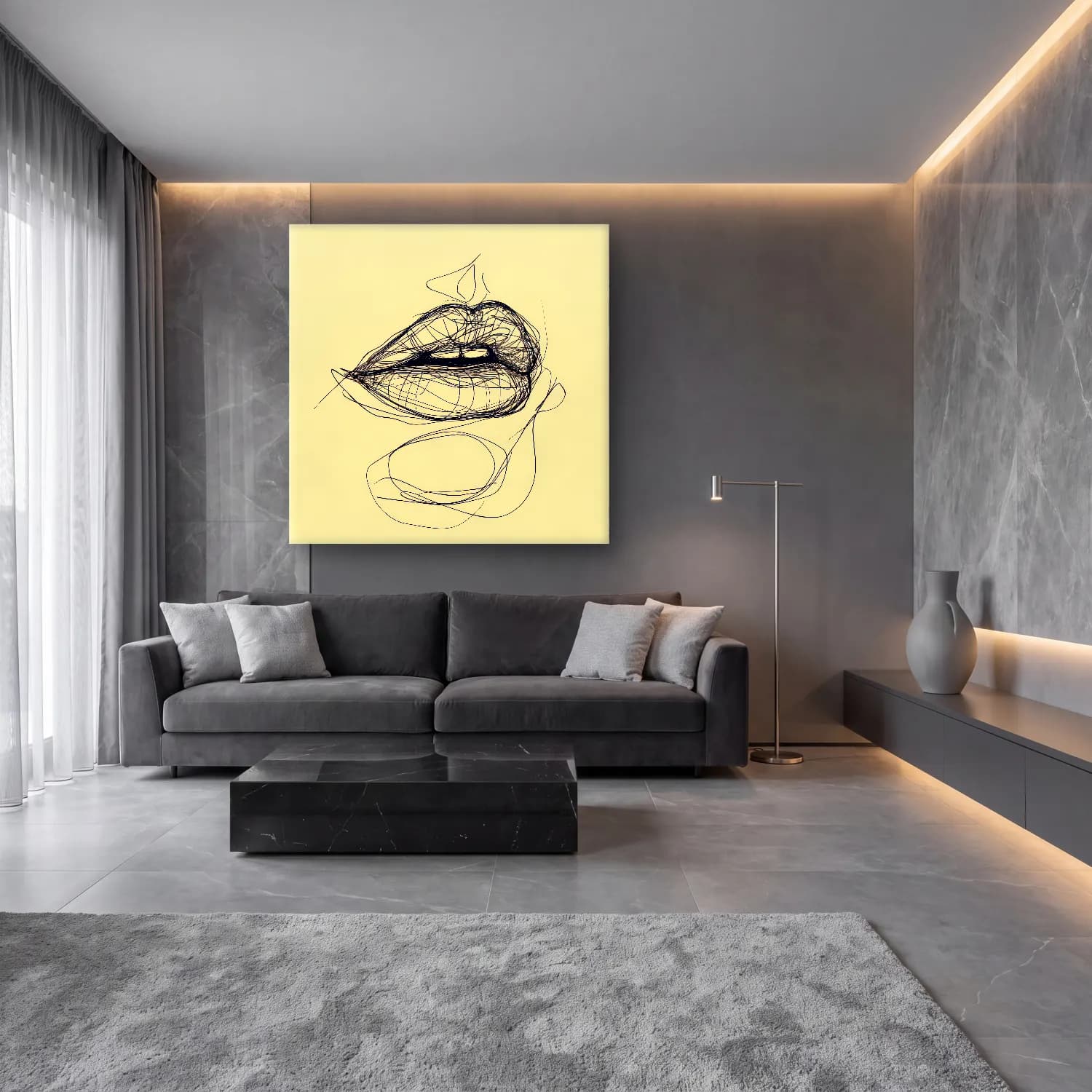 Çizgi Sanatı Çizgi Yüz No. 41 cam tablo — lüks salon duvarında
