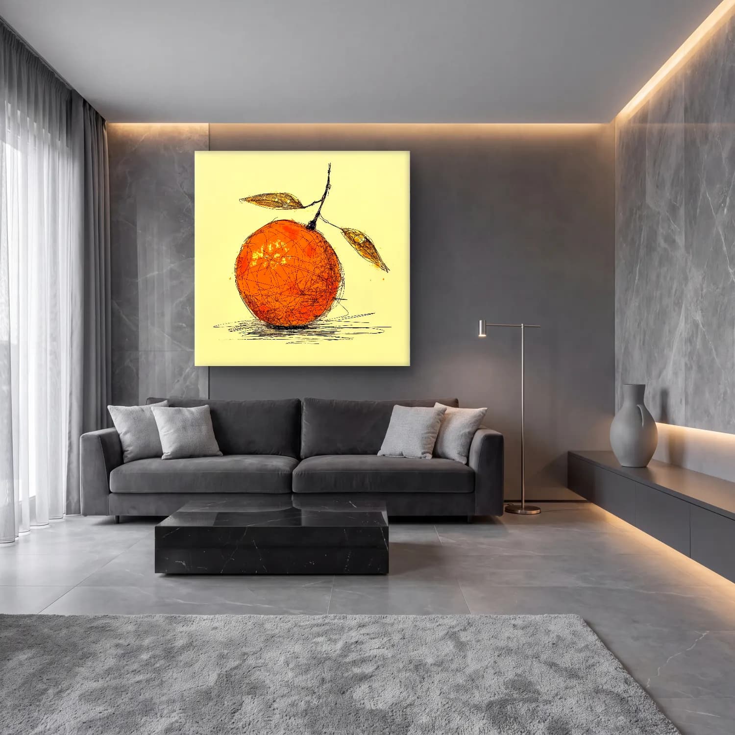 Çizgi Sanatı Portakallar cam tablo — lüks salon duvarında