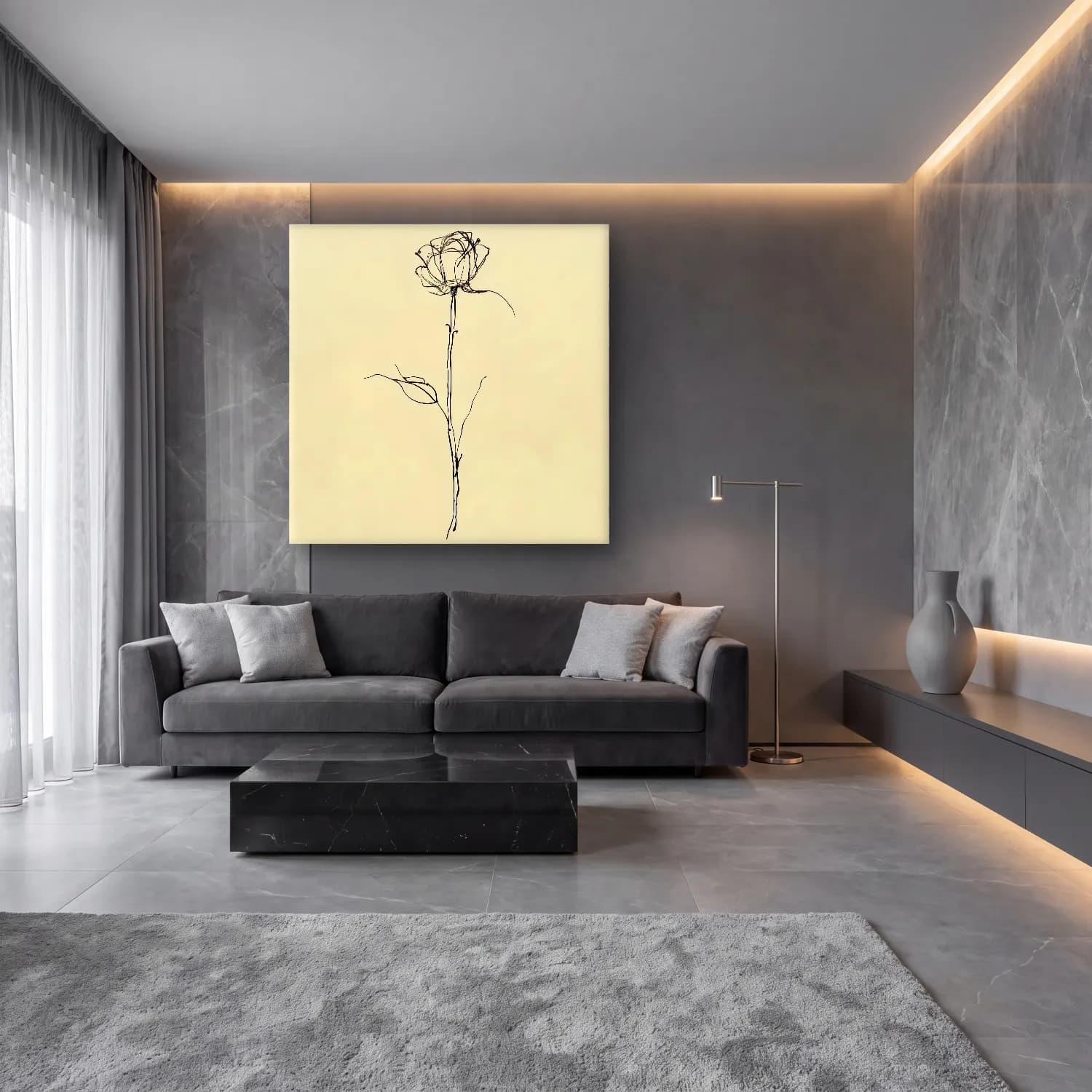 Çizgi Sanatı Güller No. 5 cam tablo — lüks salon duvarında