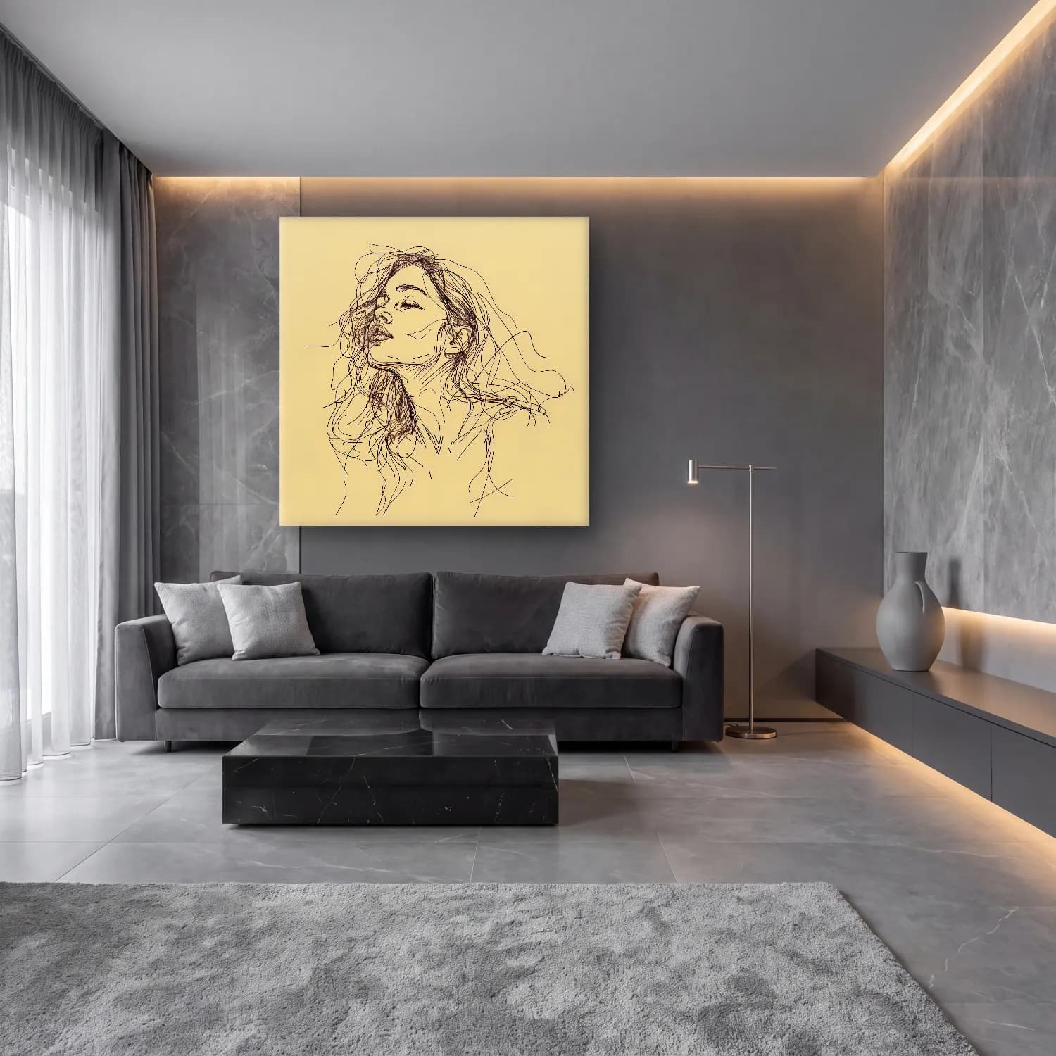 Çizgi Sanatı Çizgi Yüz No. 43 cam tablo — lüks salon duvarında