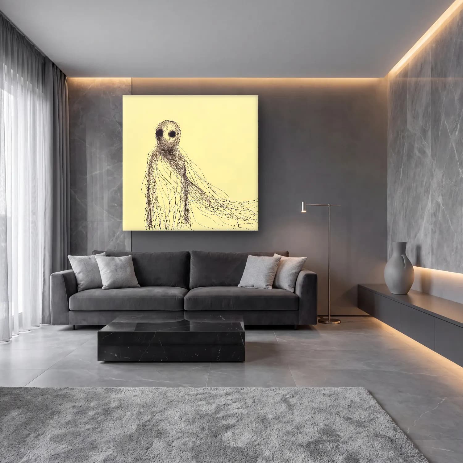 Çizgi Sanatı Çizgi Yüz No. 46 cam tablo — lüks salon duvarında