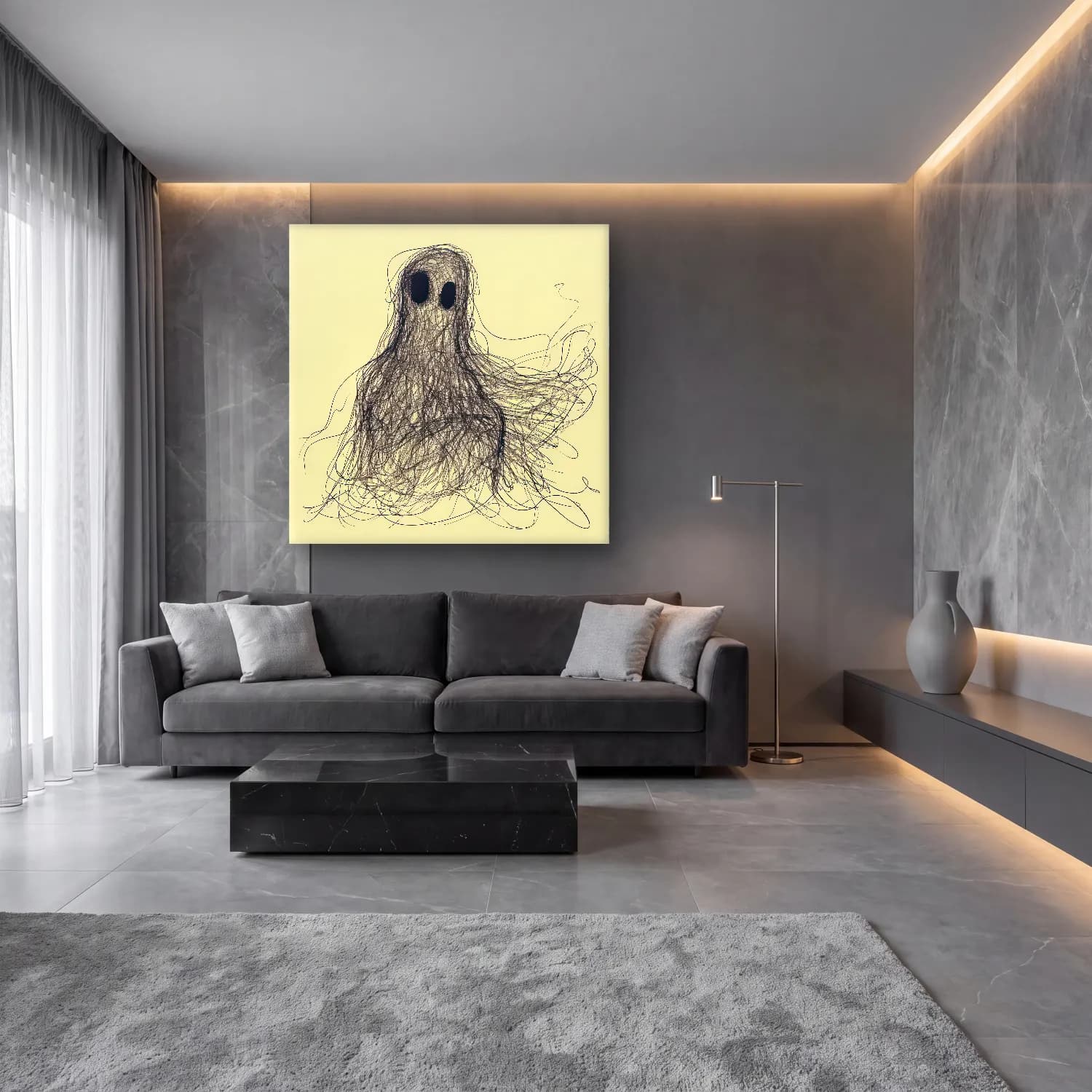 Çizgi Sanatı Çizgi Yüz No. 47 cam tablo — lüks salon duvarında