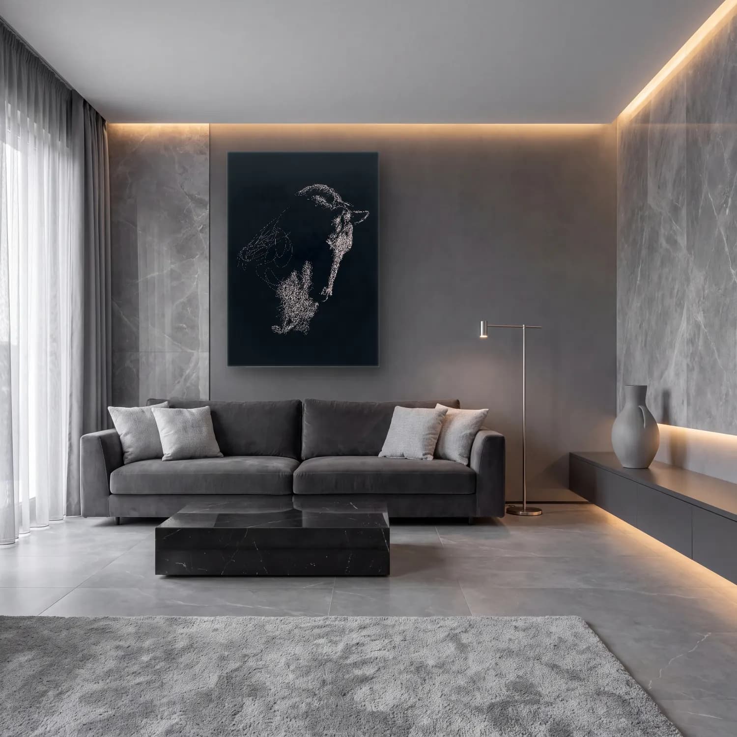 Çizgi Sanatı Kurt cam tablo — lüks salon duvarında