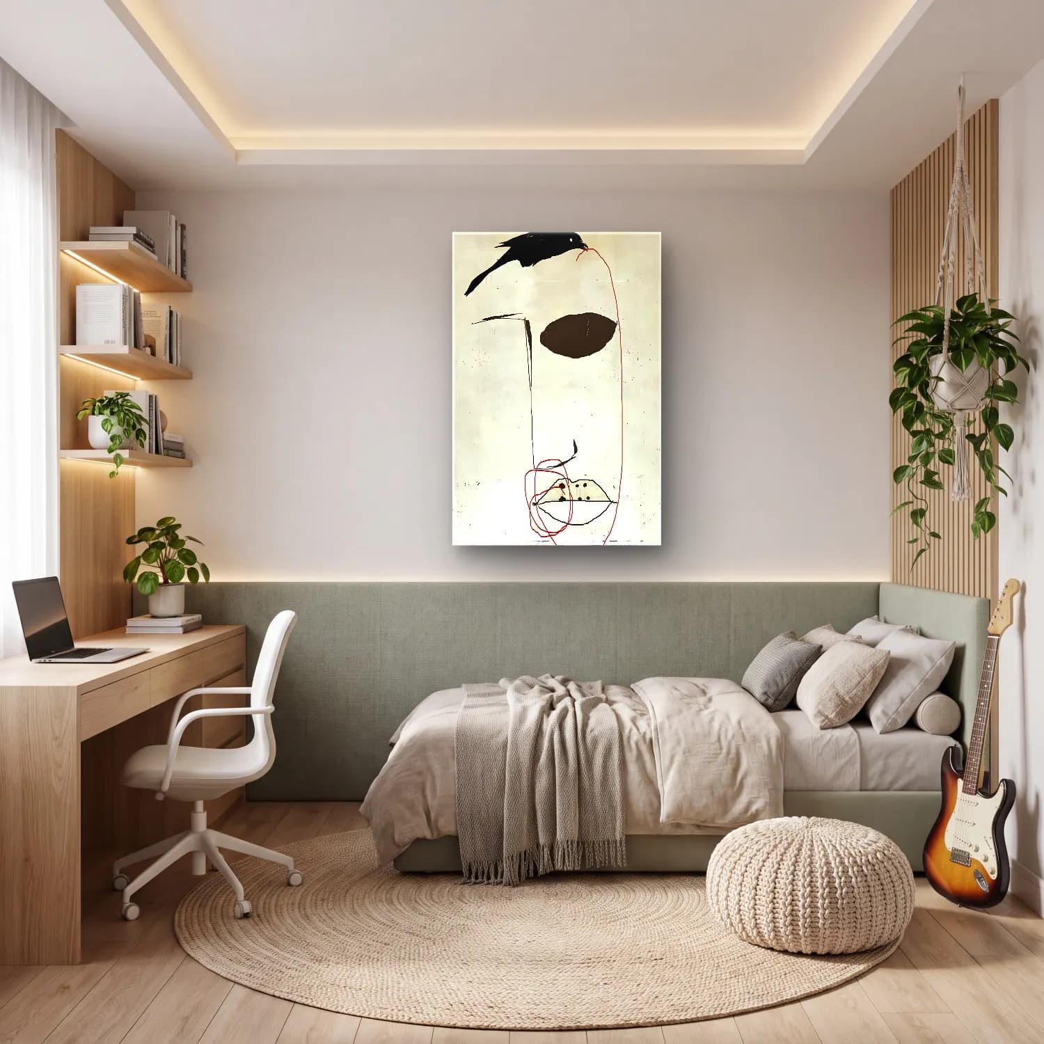Modern Soyut Yüz No. 28 cam tablo — genç odasında