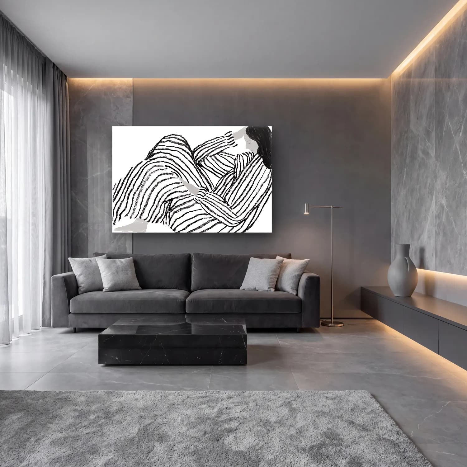 Siyah Beyaz Zebra No. 4 cam tablo — lüks salon duvarında