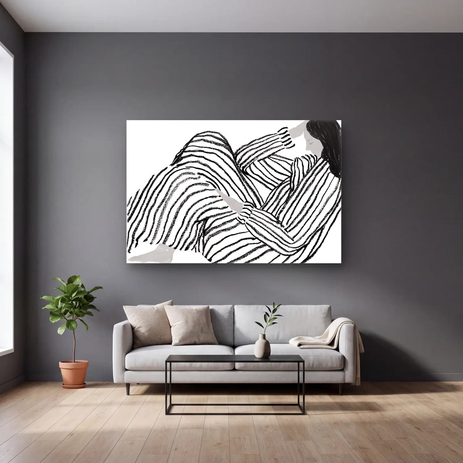 Siyah Beyaz Zebra No. 4 cam tablo — gri duvarlı salonda