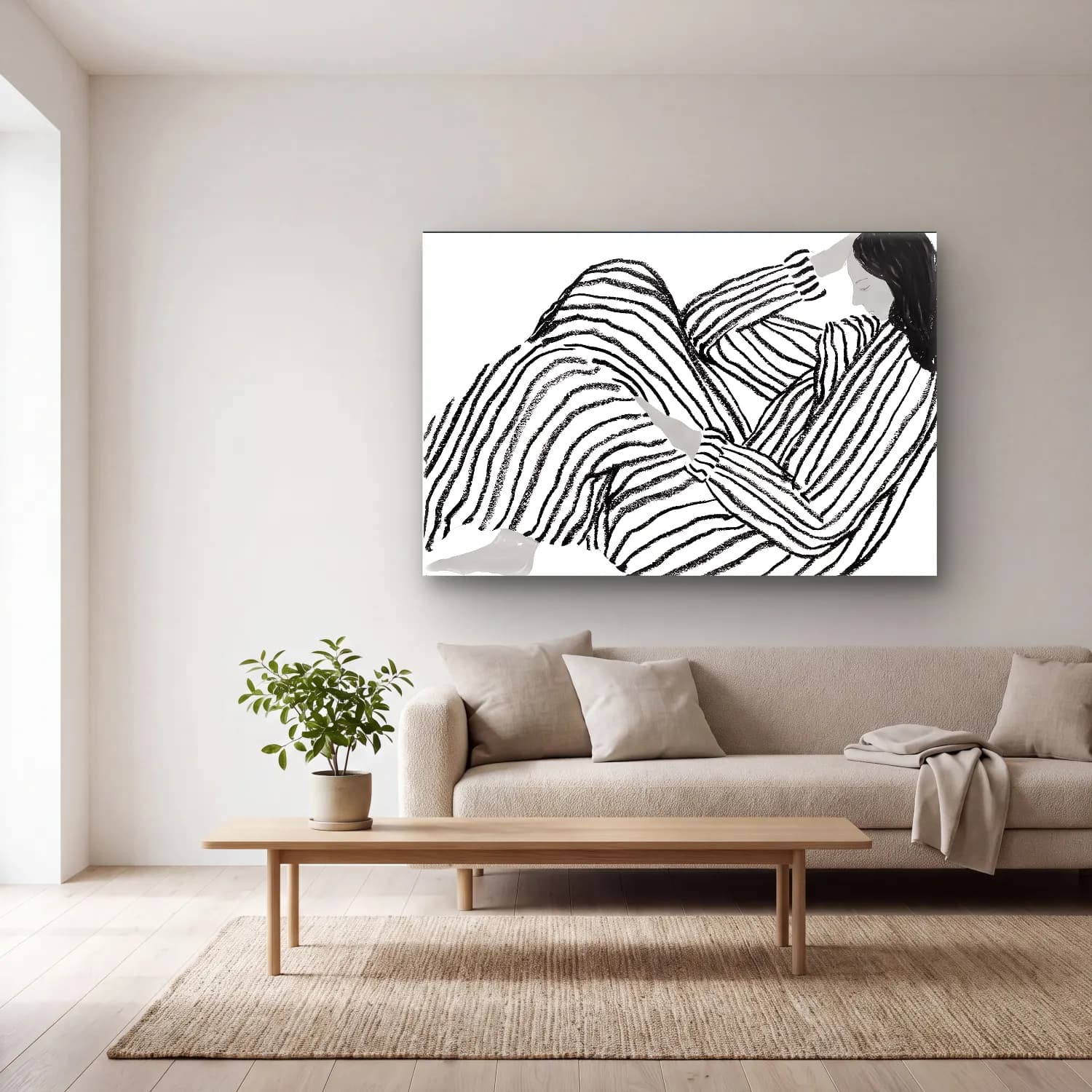 Siyah Beyaz Zebra No. 4 cam tablo — açık renk salonda