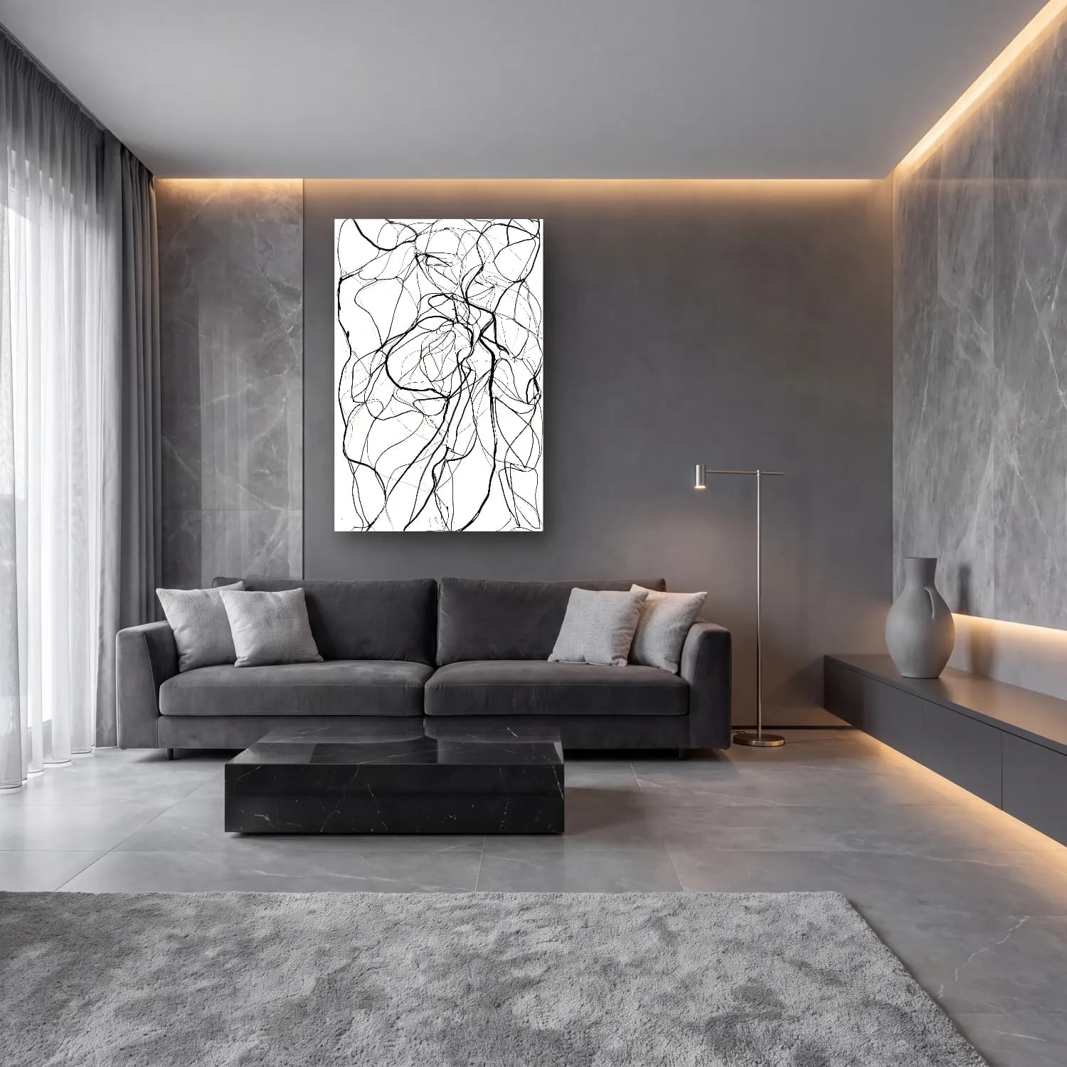 Çizgi Sanatı Çizgi Yüz No. 50 cam tablo — lüks salon duvarında