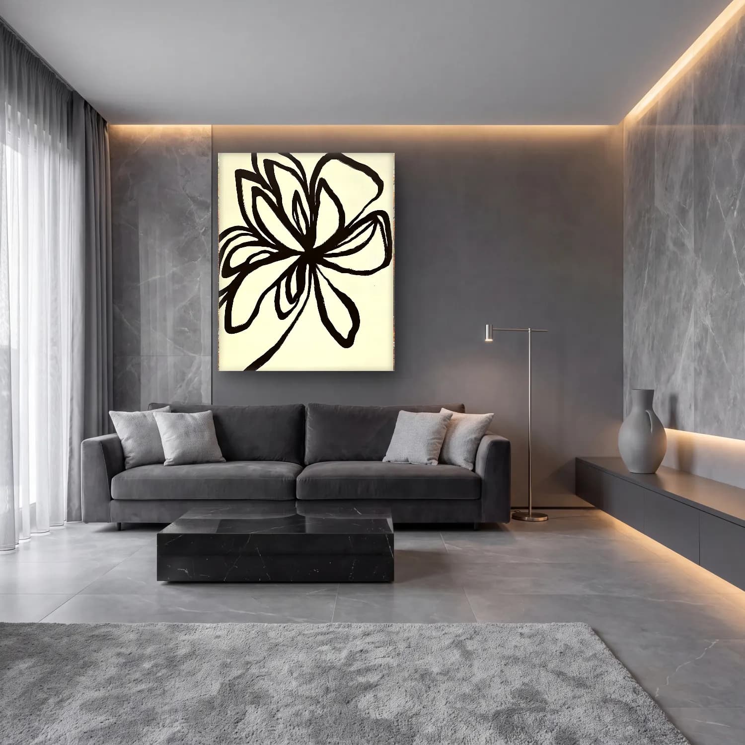 Siyah Beyaz Çiçek Deseni No. 8 cam tablo — lüks salon duvarında