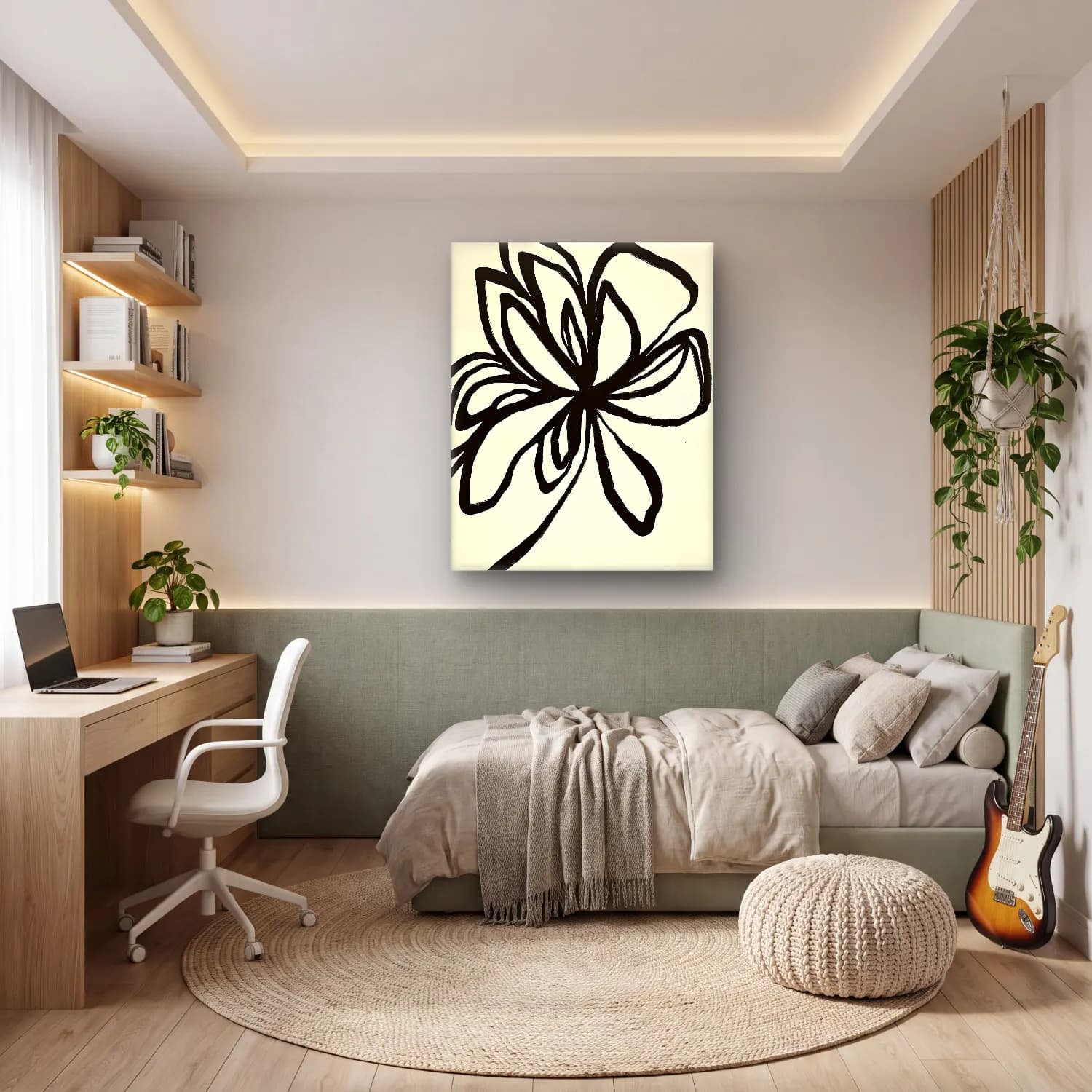 Siyah Beyaz Çiçek Deseni No. 8 cam tablo — genç odasında