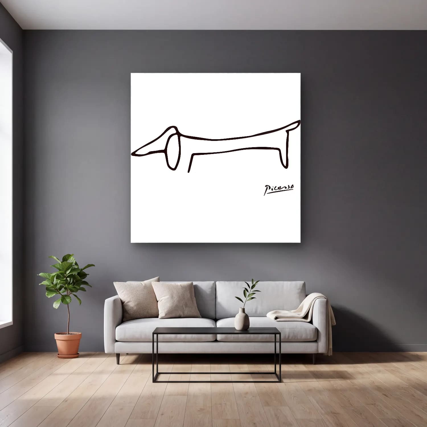 Çizgi Sanatı Köpek No. 5 cam tablo — gri duvarlı salonda