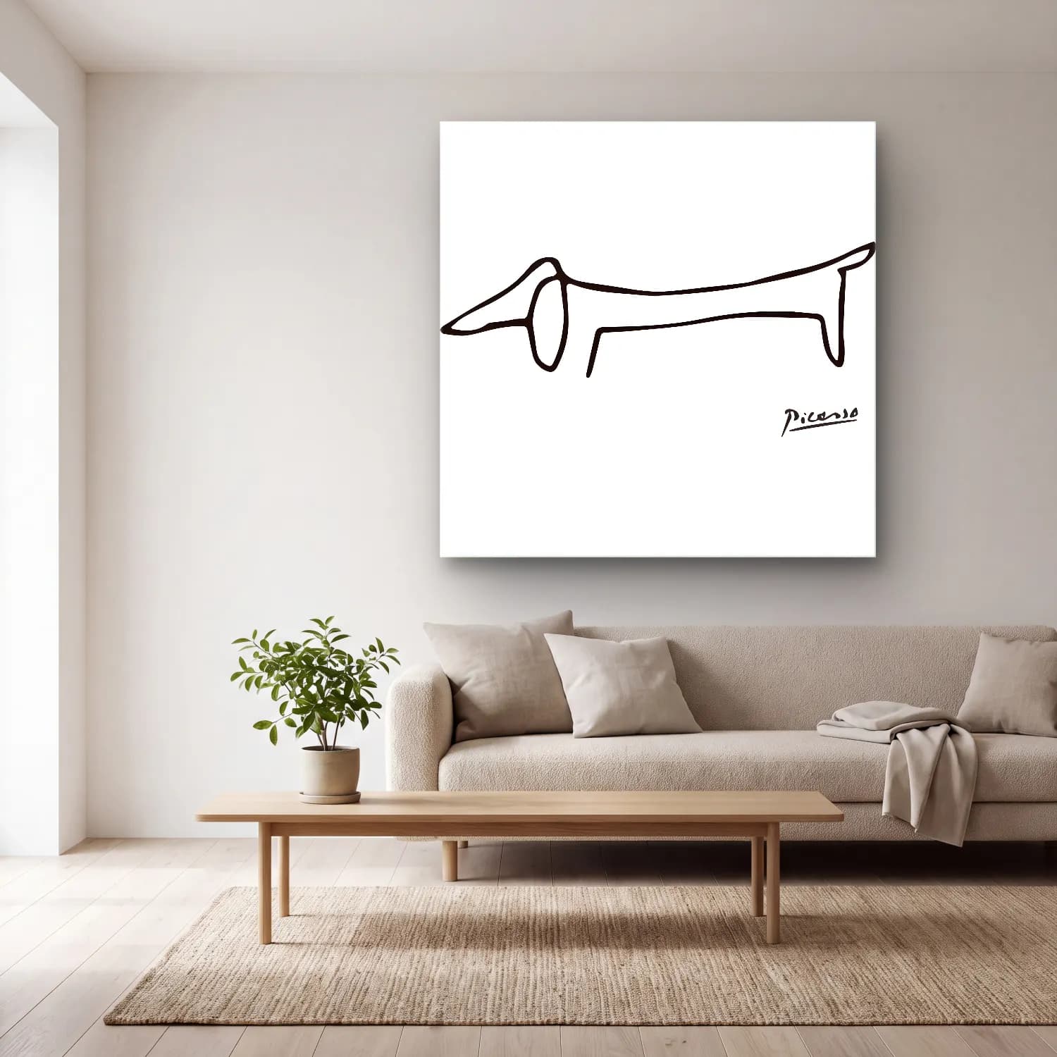 Çizgi Sanatı Köpek No. 5 cam tablo — açık renk salonda