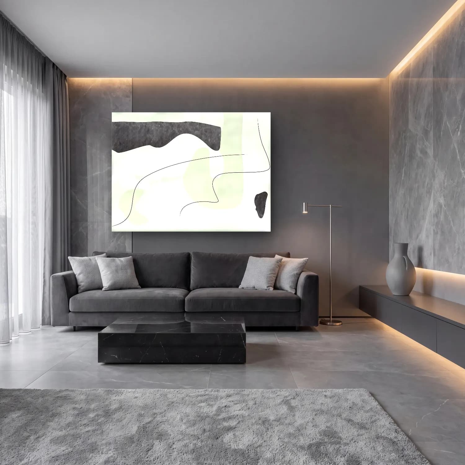 Çizgi Sanatı Soyut Manzara cam tablo — lüks salon duvarında