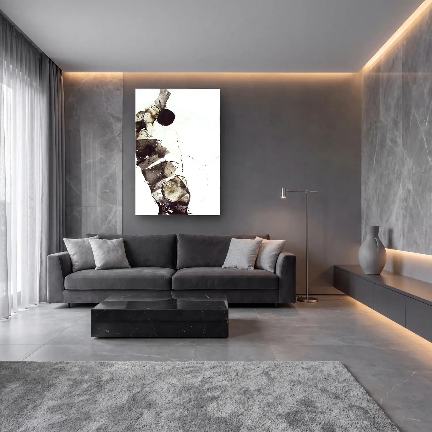 Siyah Beyaz Soyut Manzara – Siyah Beyaz Tonlar cam tablo — lüks salon duvarında