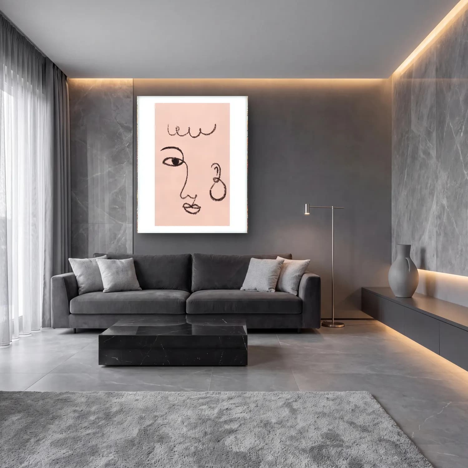 Çizgi Sanatı Çizgi Yüz No. 52 cam tablo — lüks salon duvarında