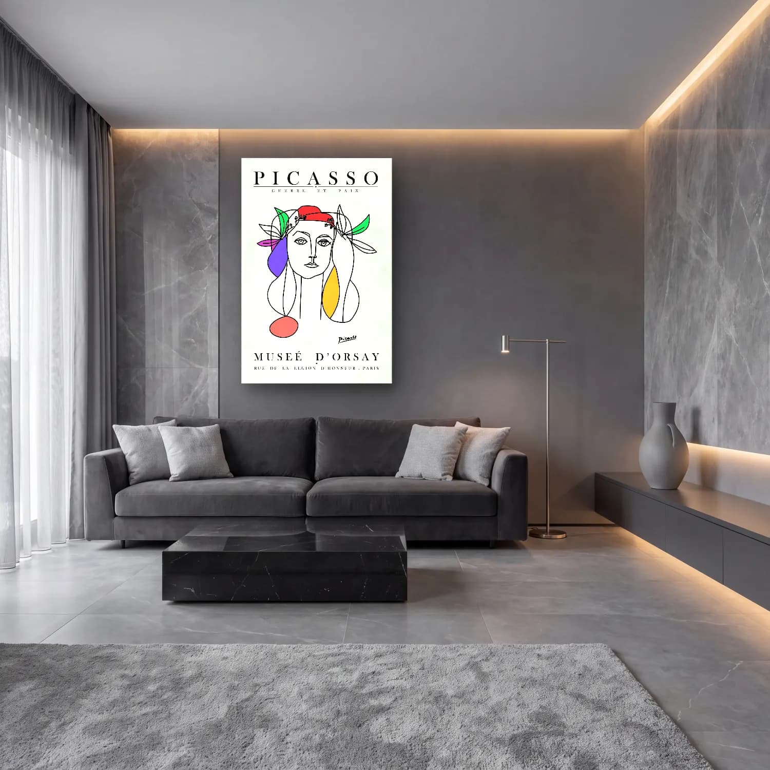 Çizgi Sanatı Çizgi Yüz No. 53 cam tablo — lüks salon duvarında
