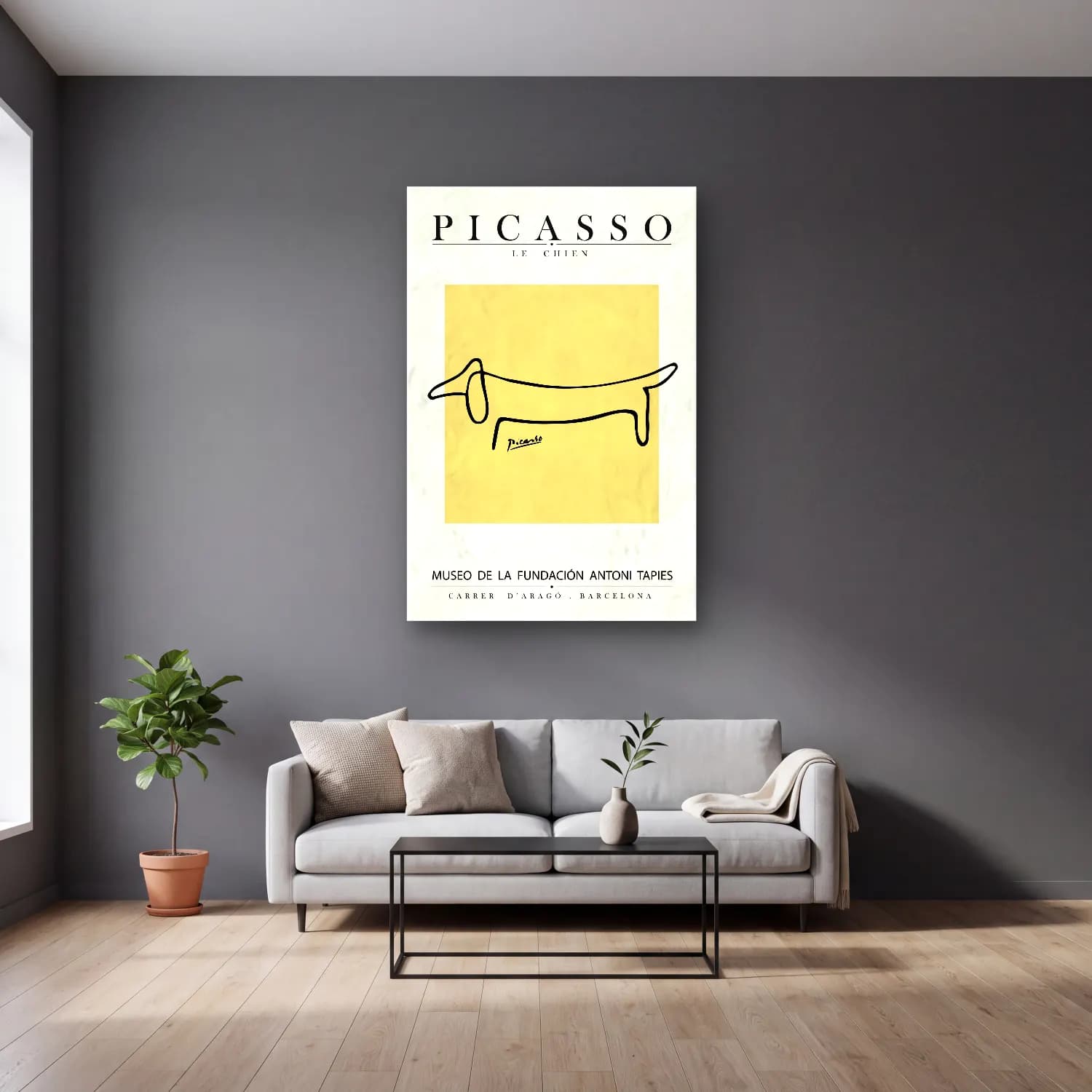 Çizgi Sanatı Köpek – Sarı Tonlar cam tablo — gri duvarlı salonda