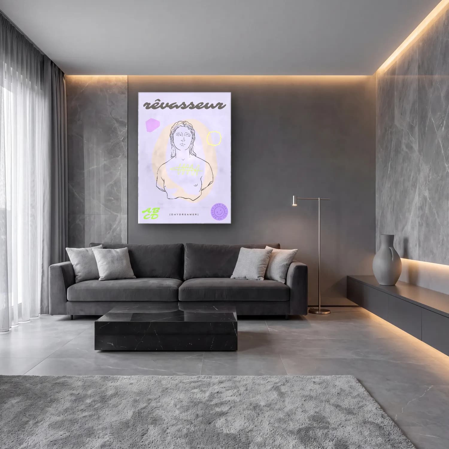 Çizgi Sanatı Çizgi Yüz No. 55 cam tablo — lüks salon duvarında