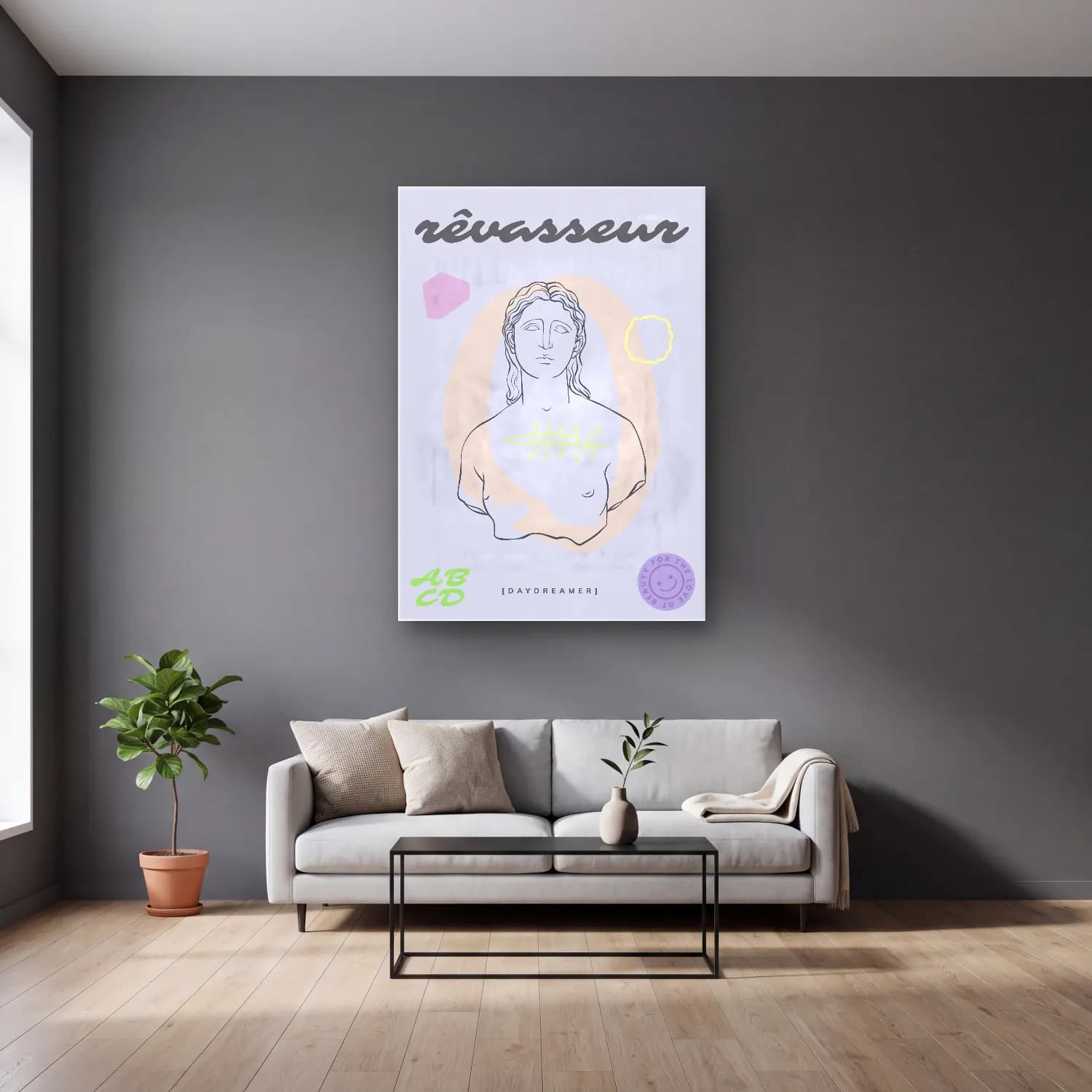 Çizgi Sanatı Çizgi Yüz No. 55 cam tablo — gri duvarlı salonda