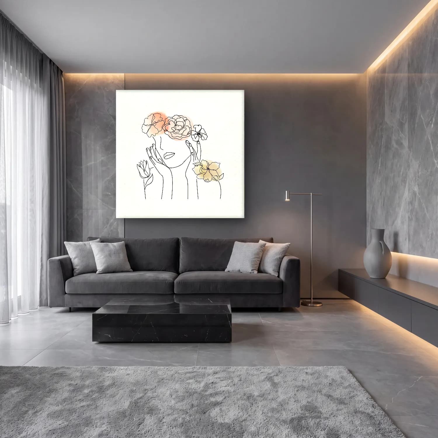 Çizgi Sanatı Çizgi Yüz No. 58 cam tablo — lüks salon duvarında