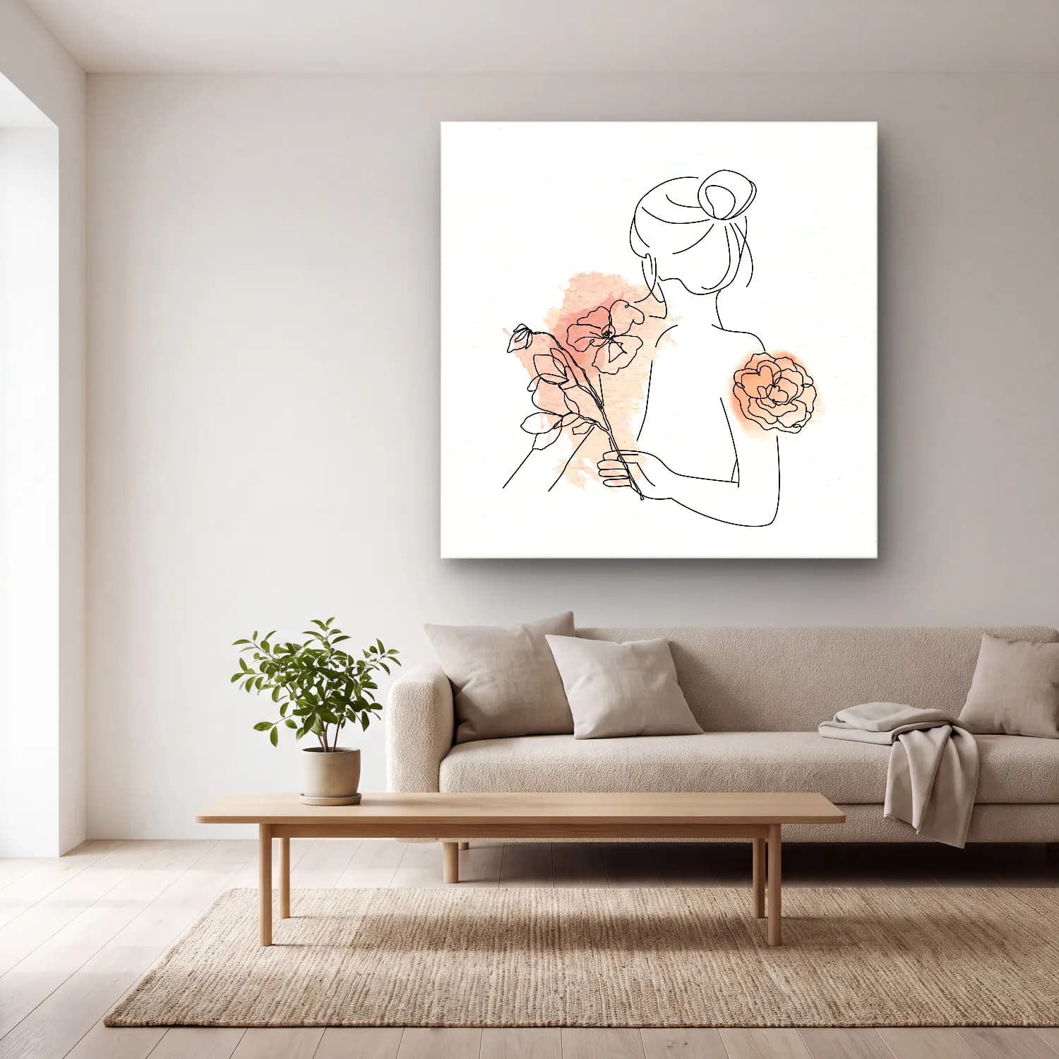 Çizgi Sanatı Kadın Silueti – Pembe Tonlar cam tablo — açık renk salonda