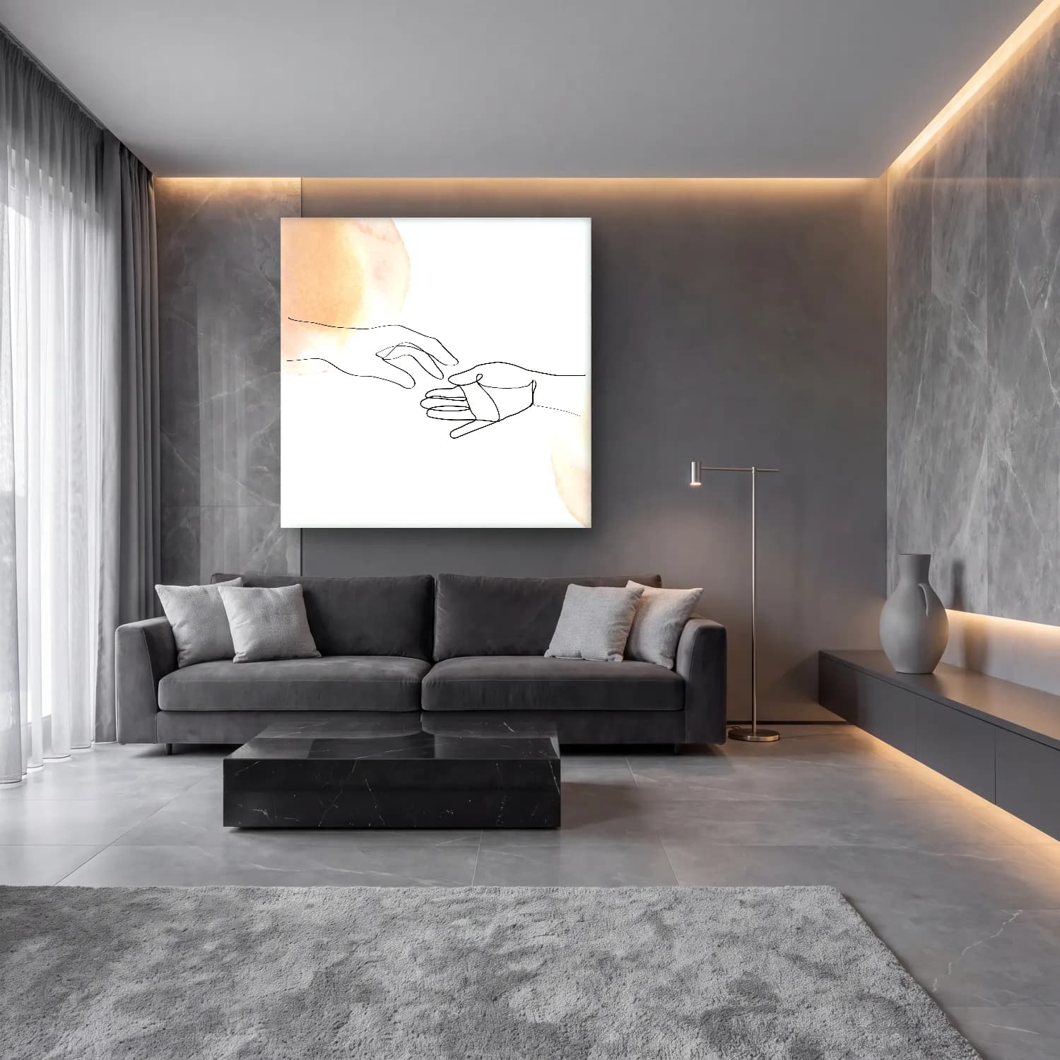 Çizgi Sanatı Eller – Bej Tonlar cam tablo — lüks salon duvarında
