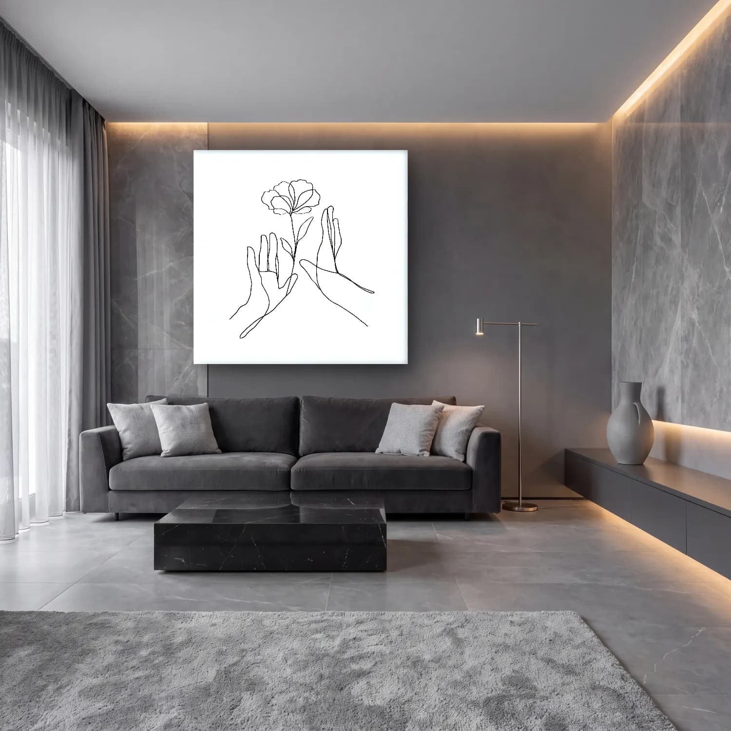 Çizgi Sanatı Eller No. 7 cam tablo — lüks salon duvarında