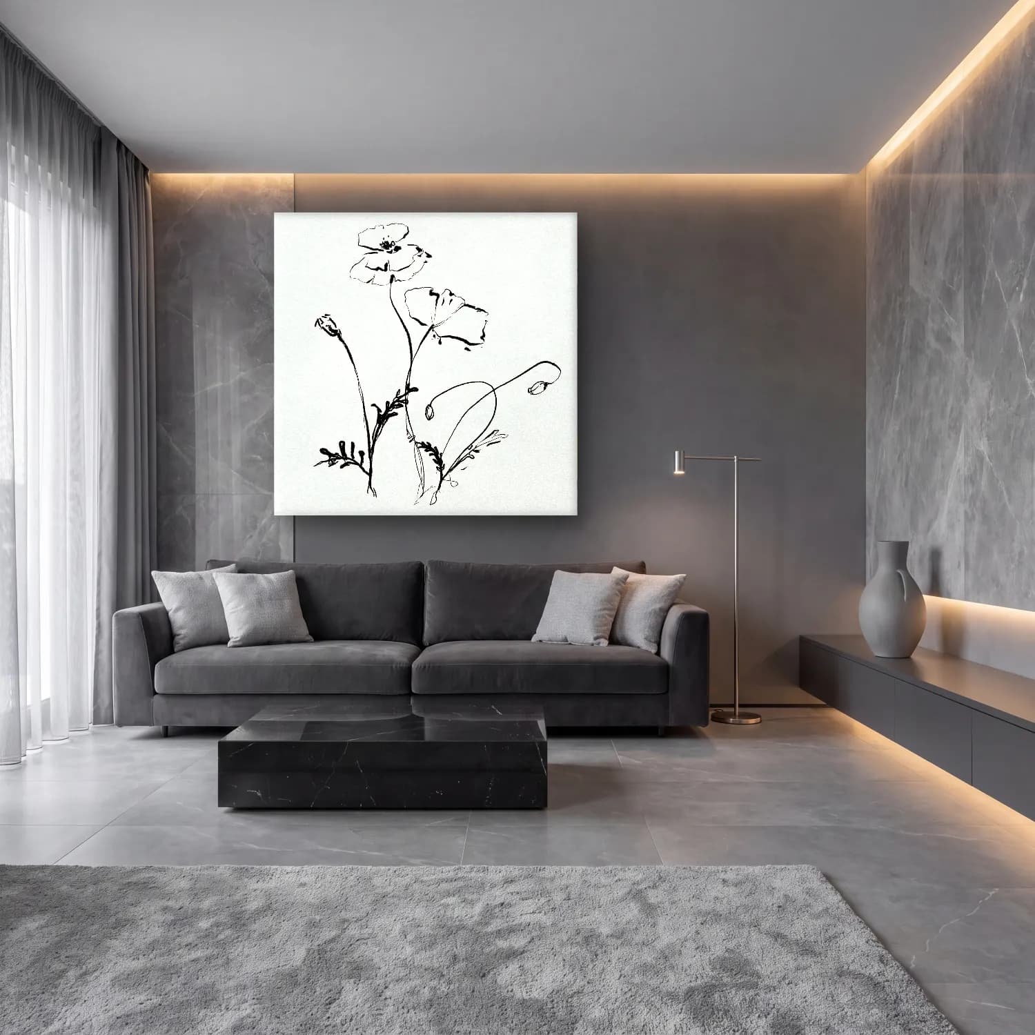 Çizgi Sanatı Gelincikler – Siyah Beyaz Tonlar cam tablo — lüks salon duvarında