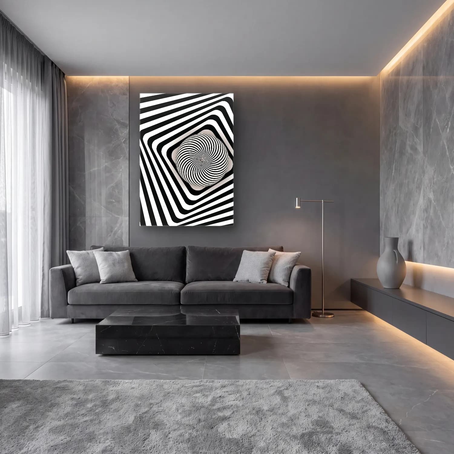 Siyah Beyaz Geometrik Daireler cam tablo — lüks salon duvarında