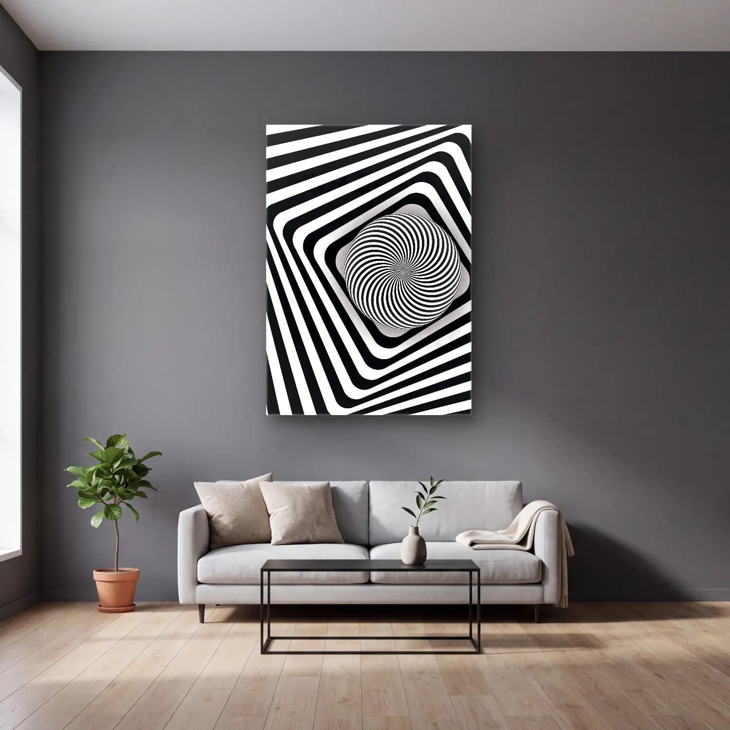 Siyah Beyaz Geometrik Daireler cam tablo — gri duvarlı salonda