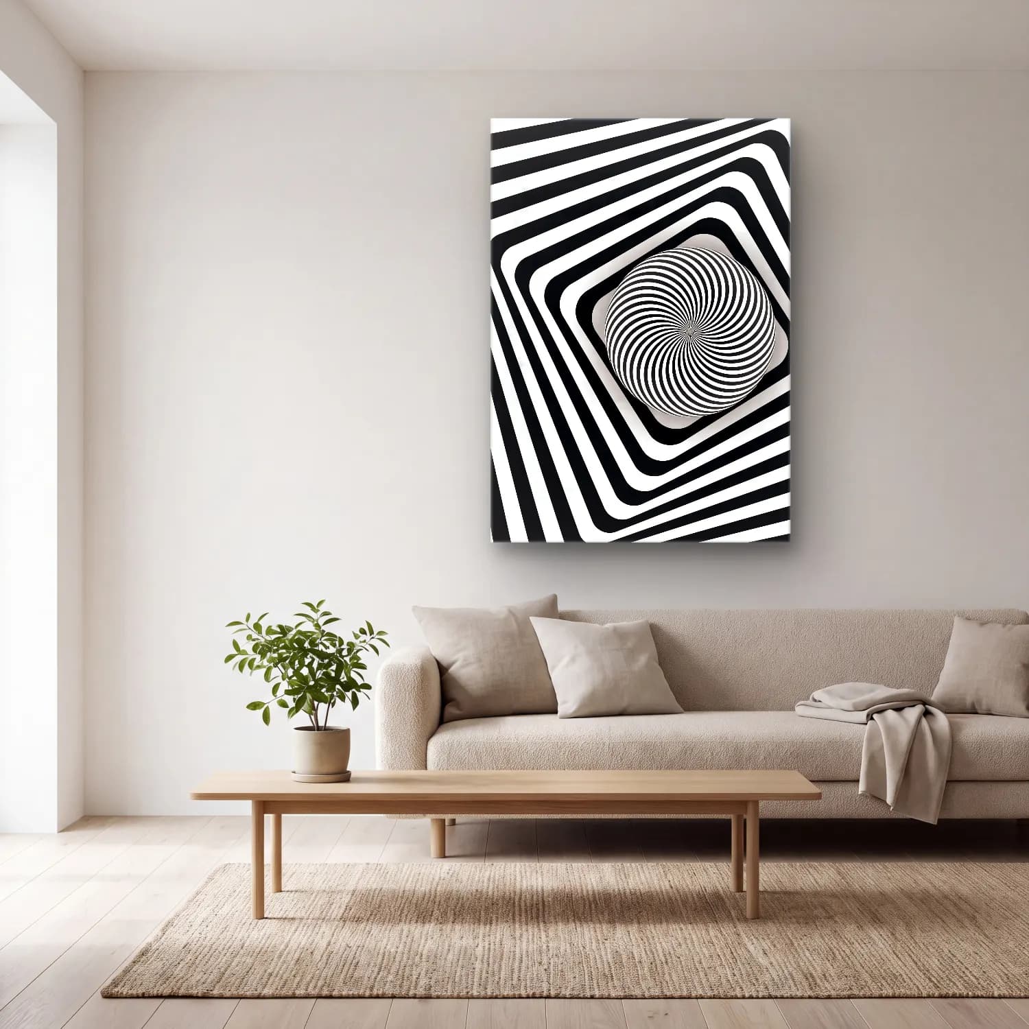 Siyah Beyaz Geometrik Daireler cam tablo — açık renk salonda