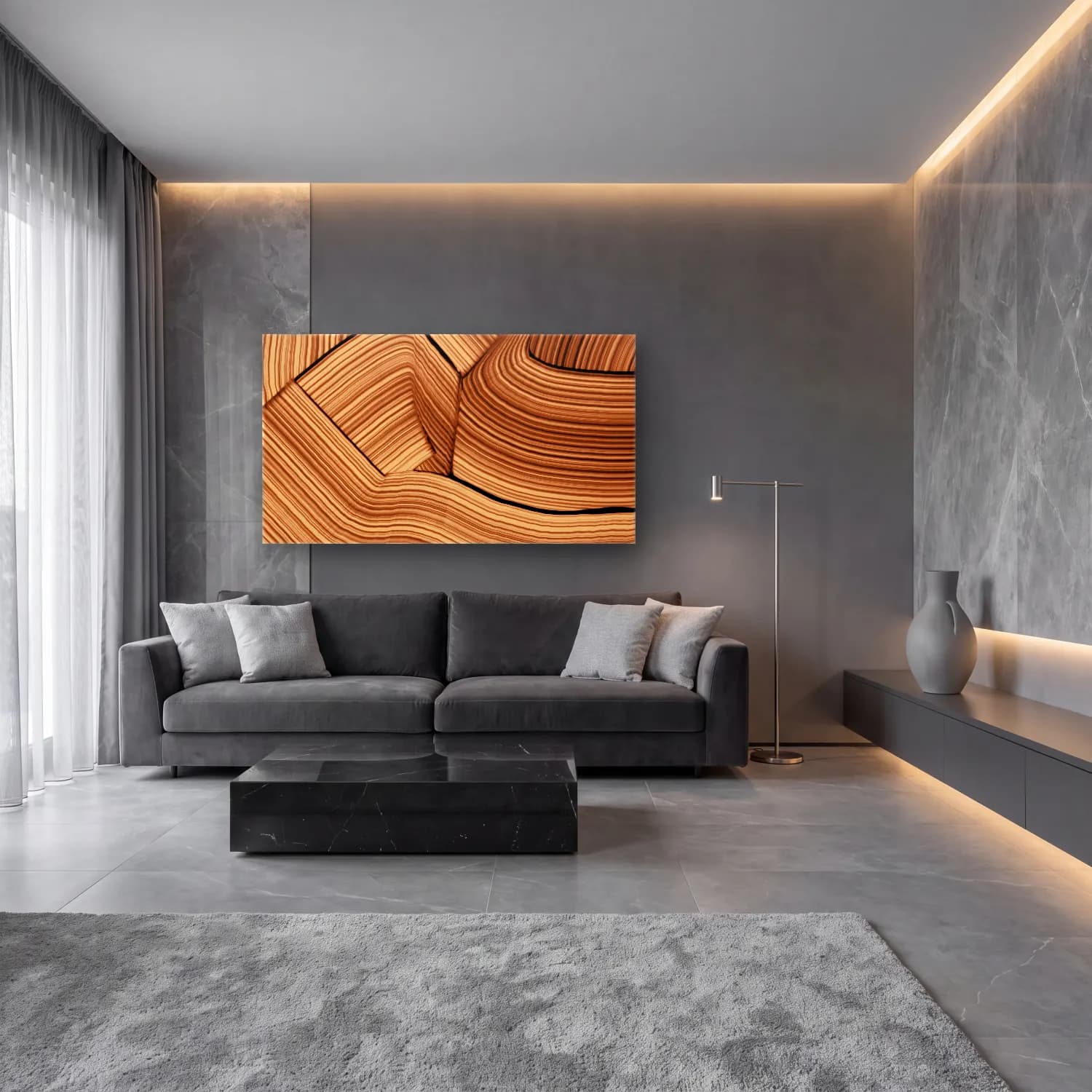 Modern Soyut Dalgalı Çizgiler No. 15 cam tablo — lüks salon duvarında